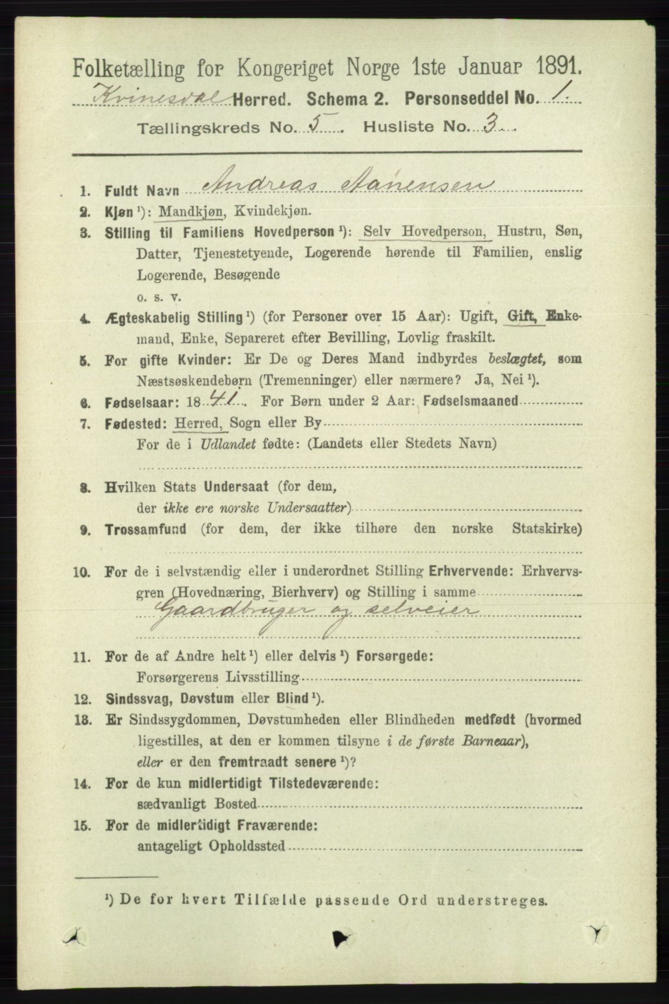 RA, 1891 census for 1037 Kvinesdal, 1891, p. 1712