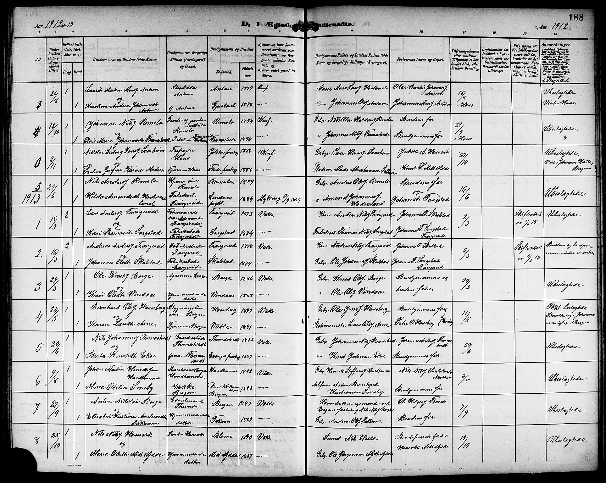 Haus sokneprestembete, AV/SAB-A-75601/H/Hab: Parish register (copy) no. B 4, 1900-1921, p. 188