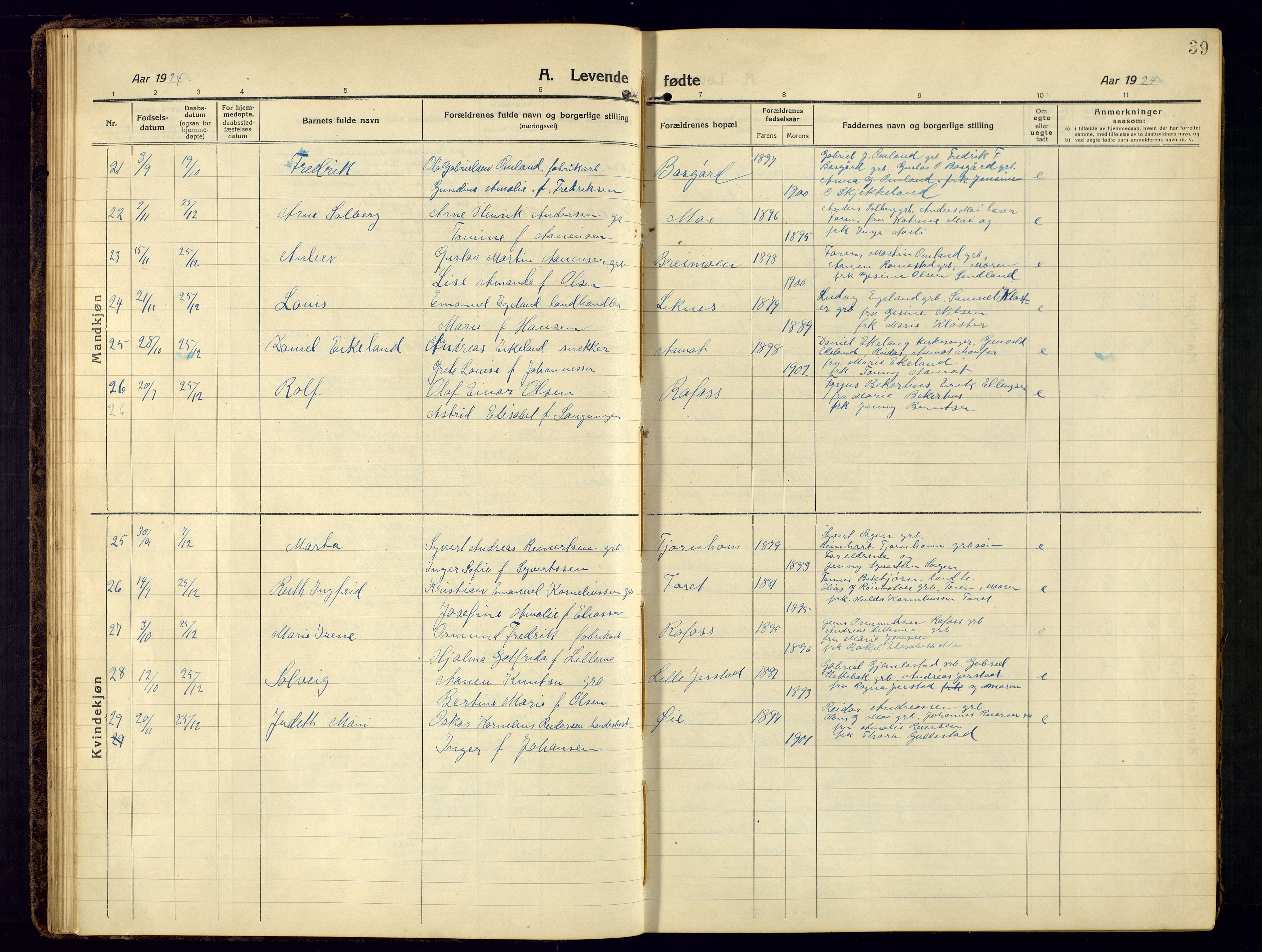 Kvinesdal sokneprestkontor, AV/SAK-1111-0026/F/Fb/Fbb/L0004: Parish register (copy) no. B 4, 1917-1938, p. 39