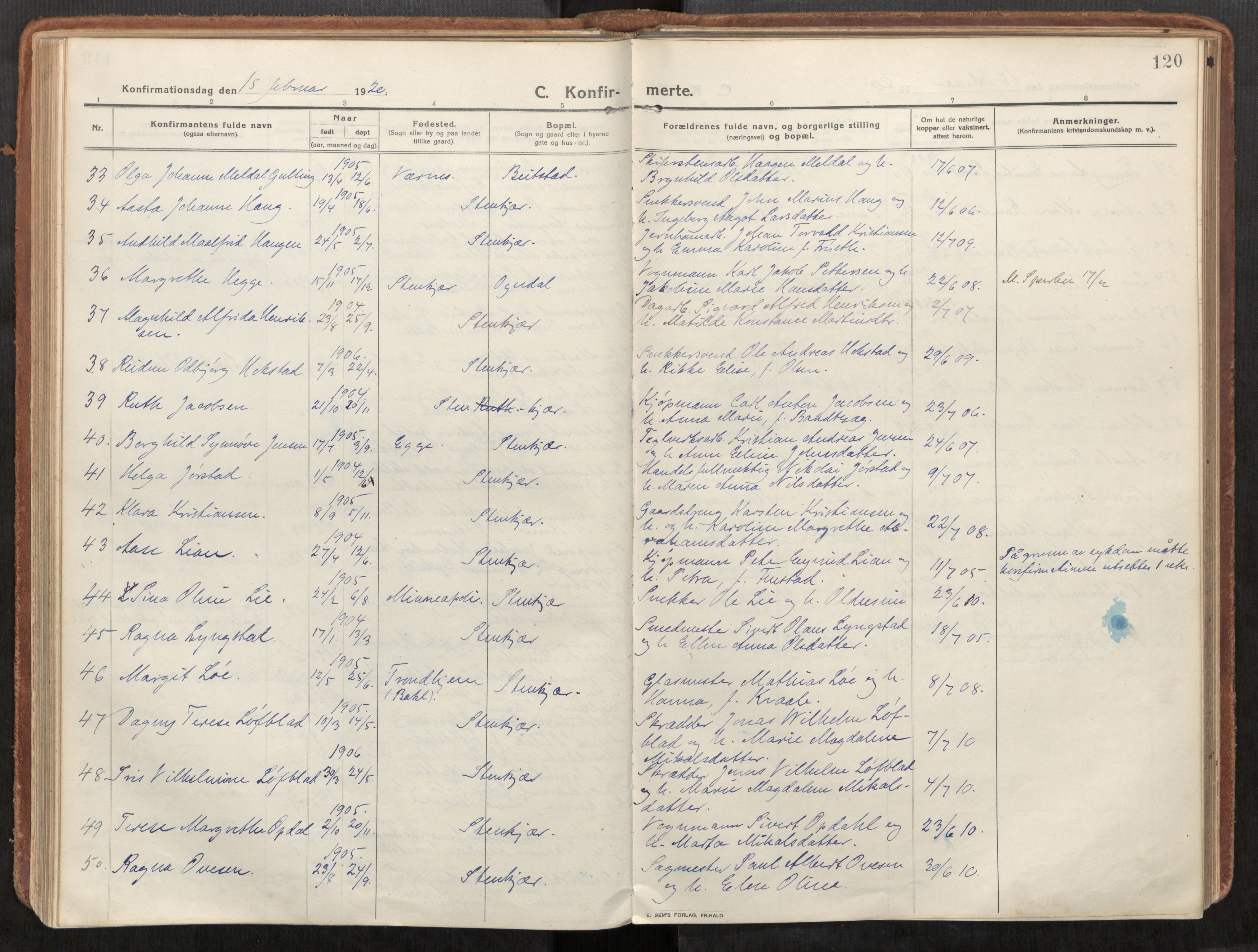 Steinkjer sokneprestkontor, AV/SAT-A-1541/01/H/Ha/Haa/L0003: Parish register (official) no. 3, 1913-1922, p. 120