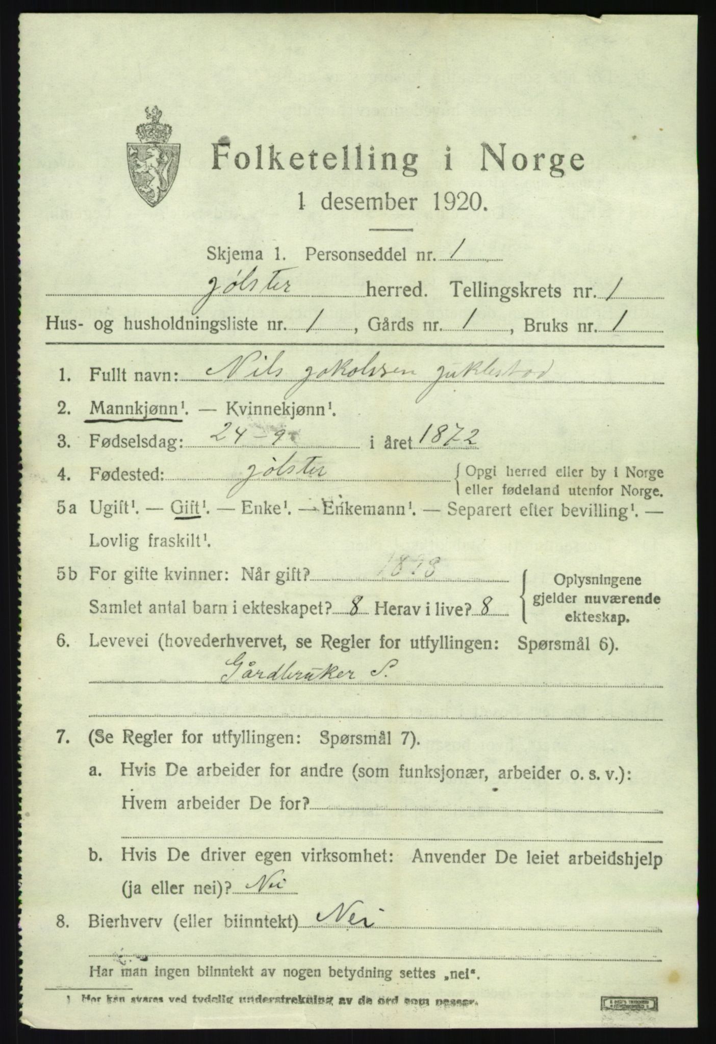 SAB, 1920 census for Jølster, 1920, p. 994