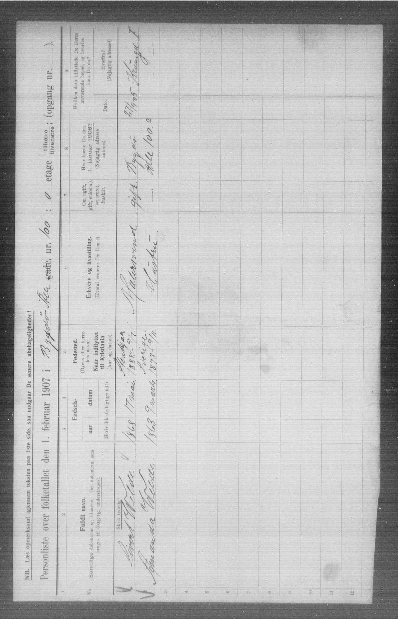 OBA, Municipal Census 1907 for Kristiania, 1907, p. 5704