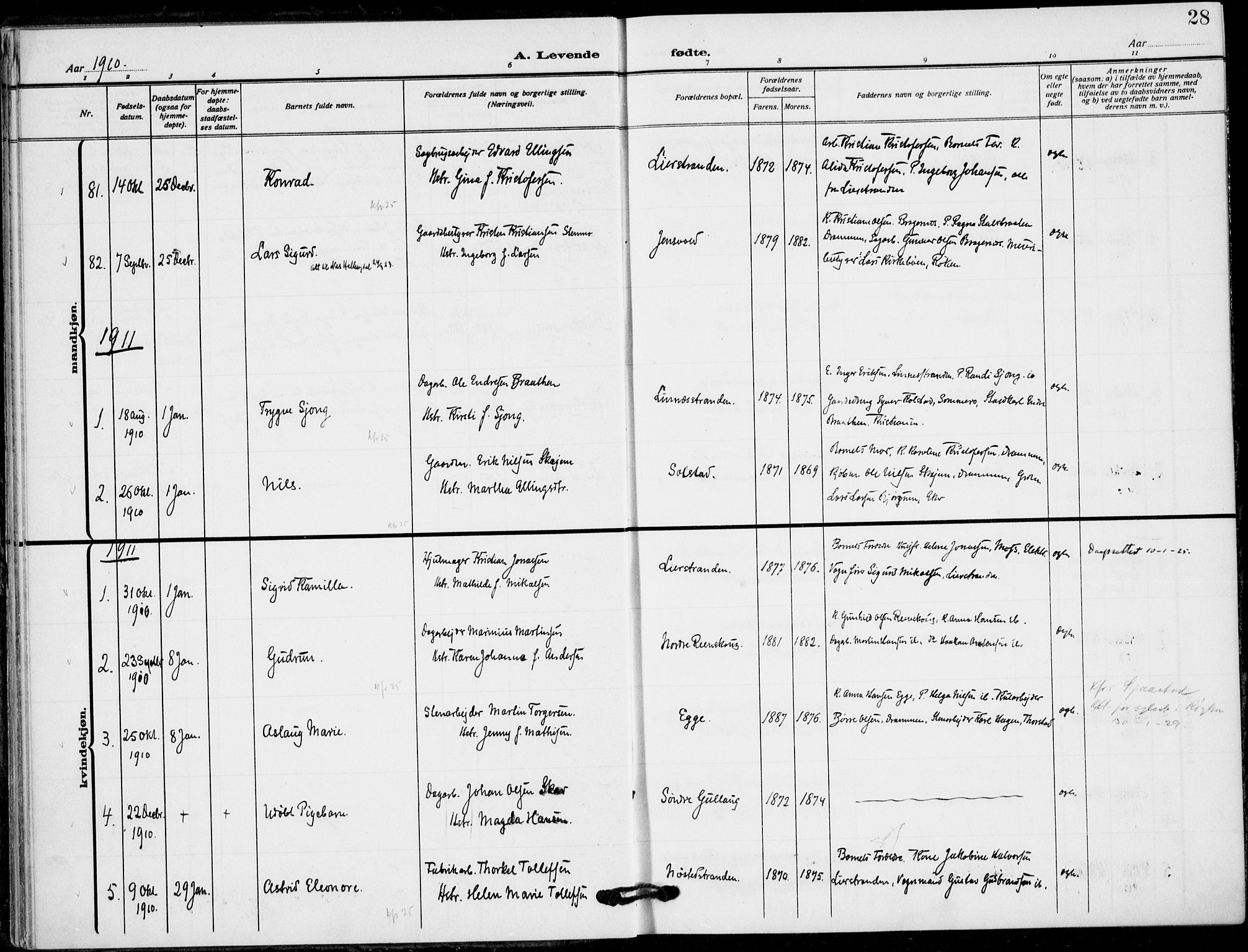 Lier kirkebøker, SAKO/A-230/F/Fa/L0018: Parish register (official) no. I 18, 1909-1917, p. 28