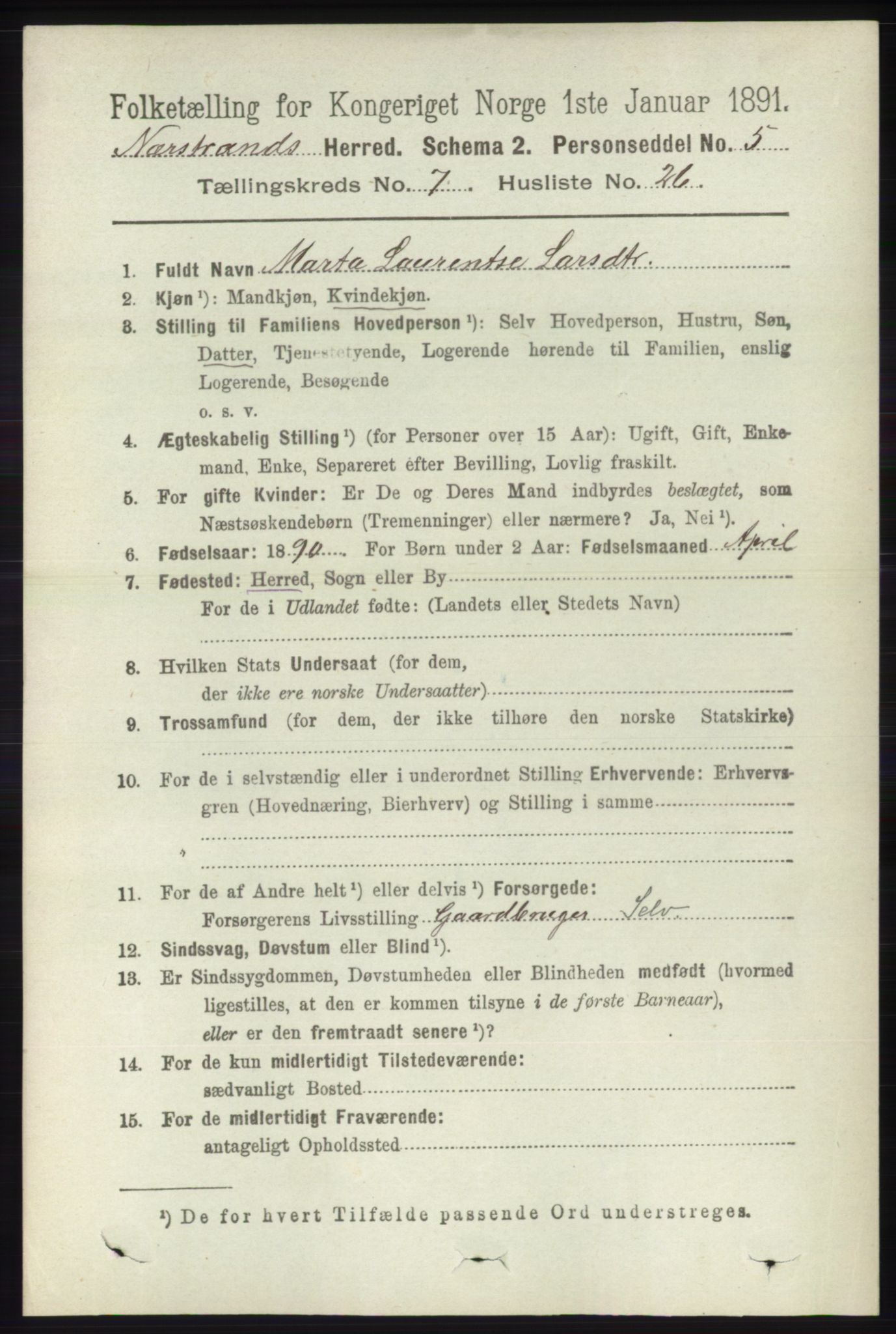 RA, 1891 census for 1139 Nedstrand, 1891, p. 1309