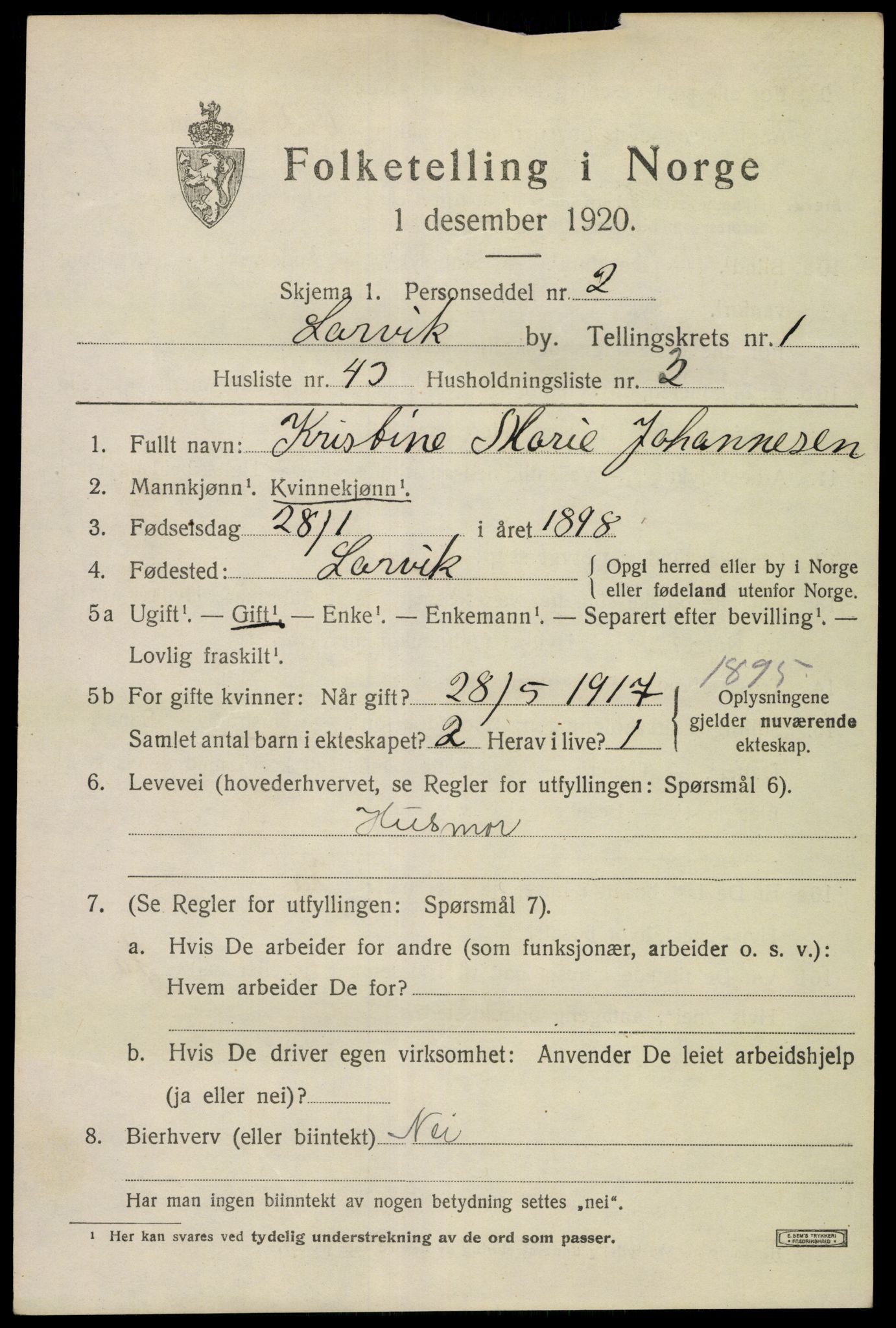 SAKO, 1920 census for Larvik, 1920, p. 9290