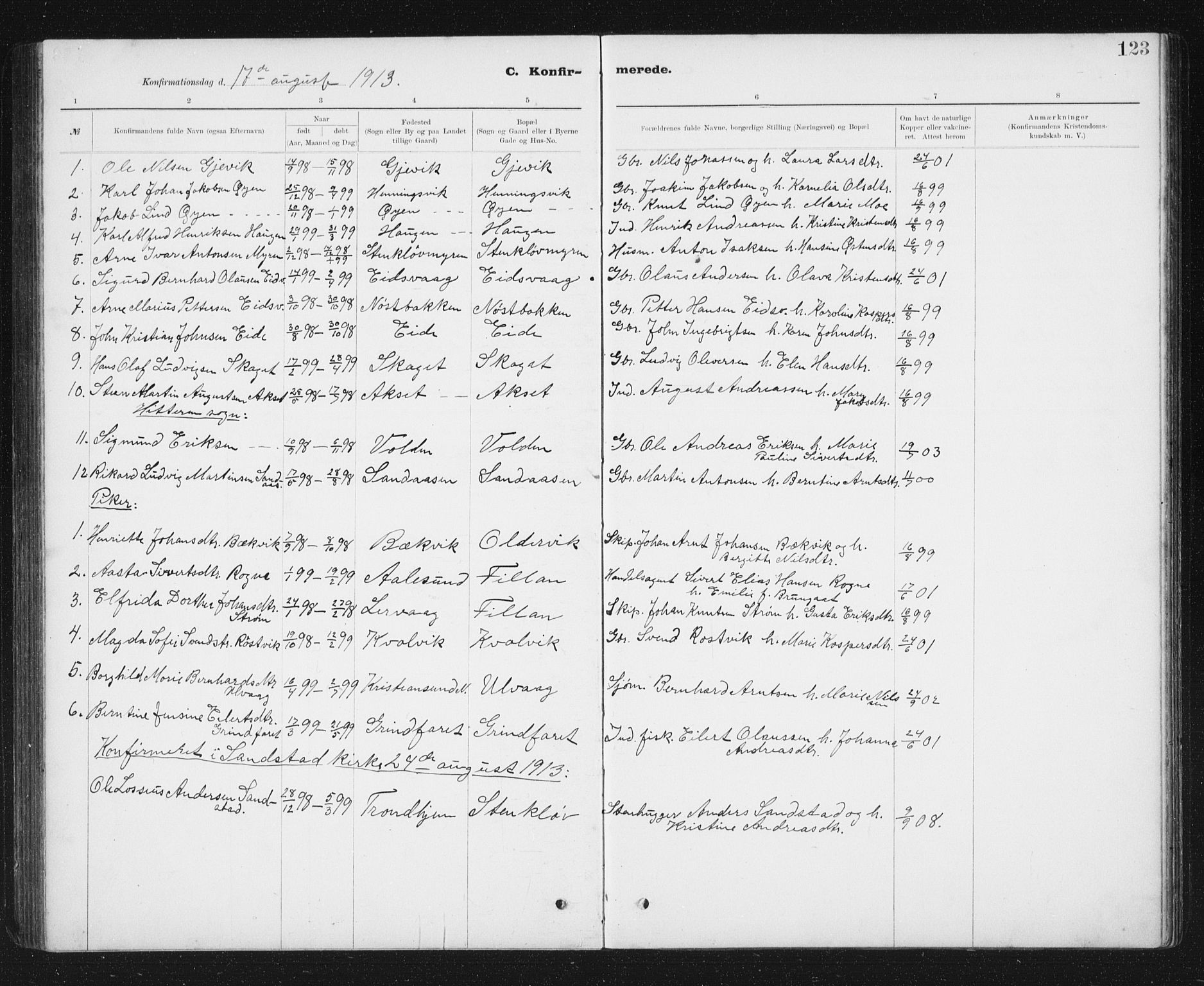 Ministerialprotokoller, klokkerbøker og fødselsregistre - Sør-Trøndelag, AV/SAT-A-1456/637/L0563: Parish register (copy) no. 637C04, 1899-1940, p. 123