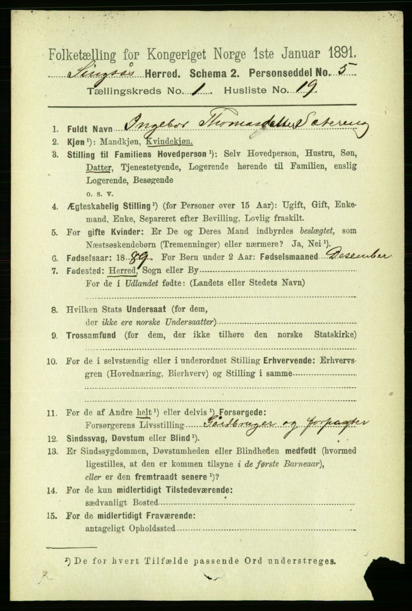 RA, 1891 census for 1646 Singsås, 1891, p. 176