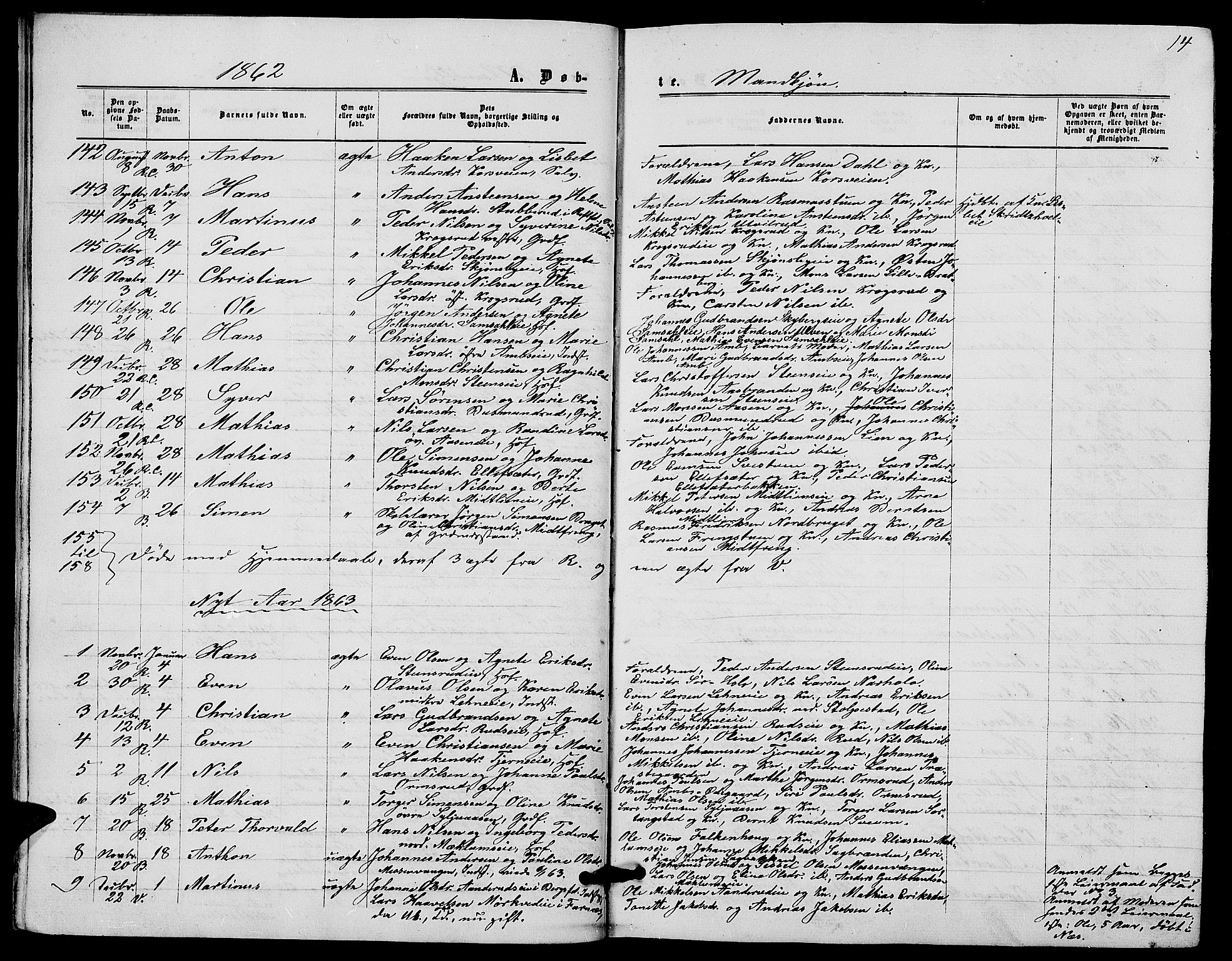 Ringsaker prestekontor, AV/SAH-PREST-014/L/La/L0007: Parish register (copy) no. 7, 1861-1869, p. 14