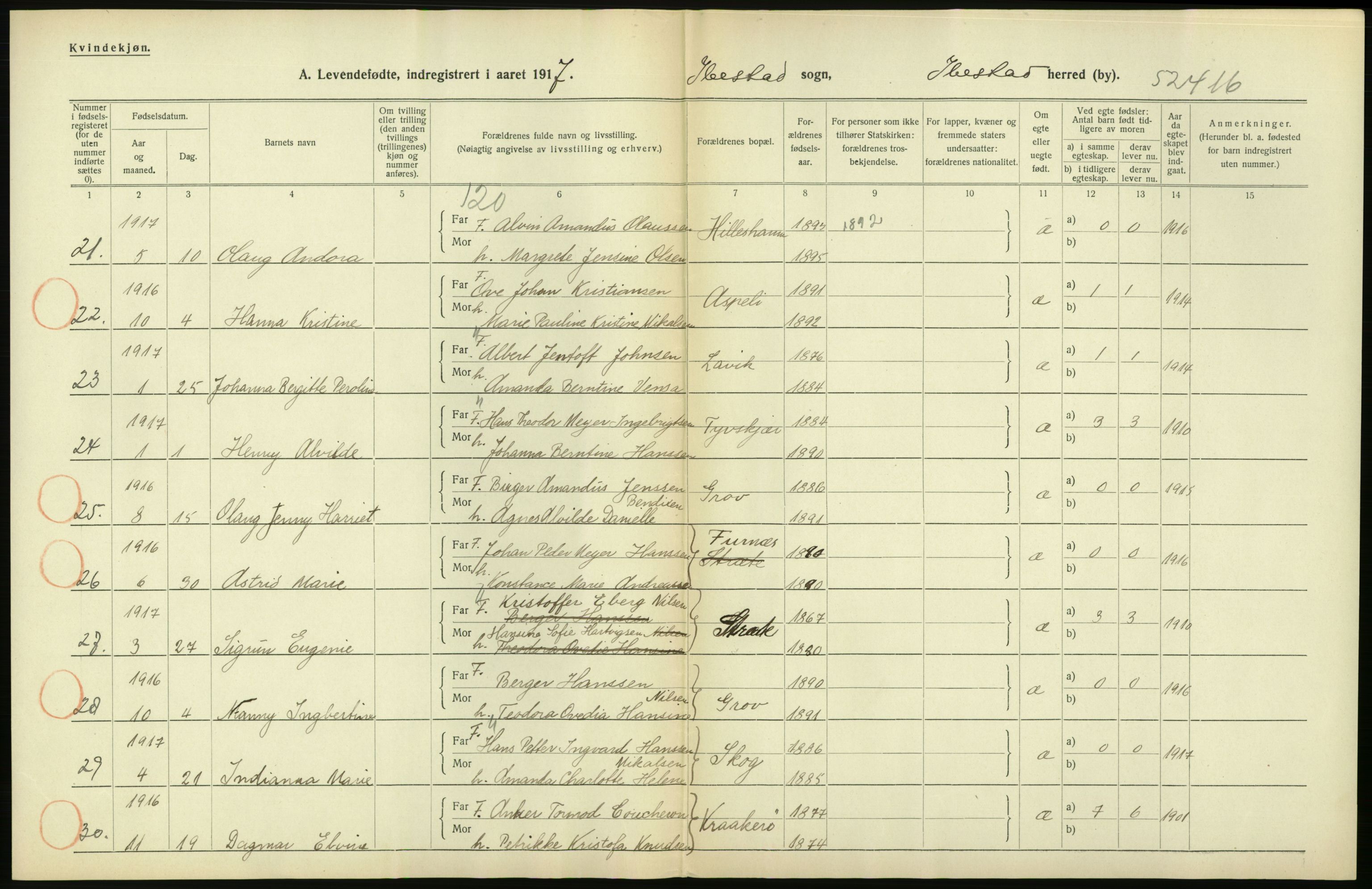 Statistisk sentralbyrå, Sosiodemografiske emner, Befolkning, AV/RA-S-2228/D/Df/Dfb/Dfbg/L0053: Tromsø amt: Levendefødte menn og kvinner. Bygder og byer., 1917, p. 528