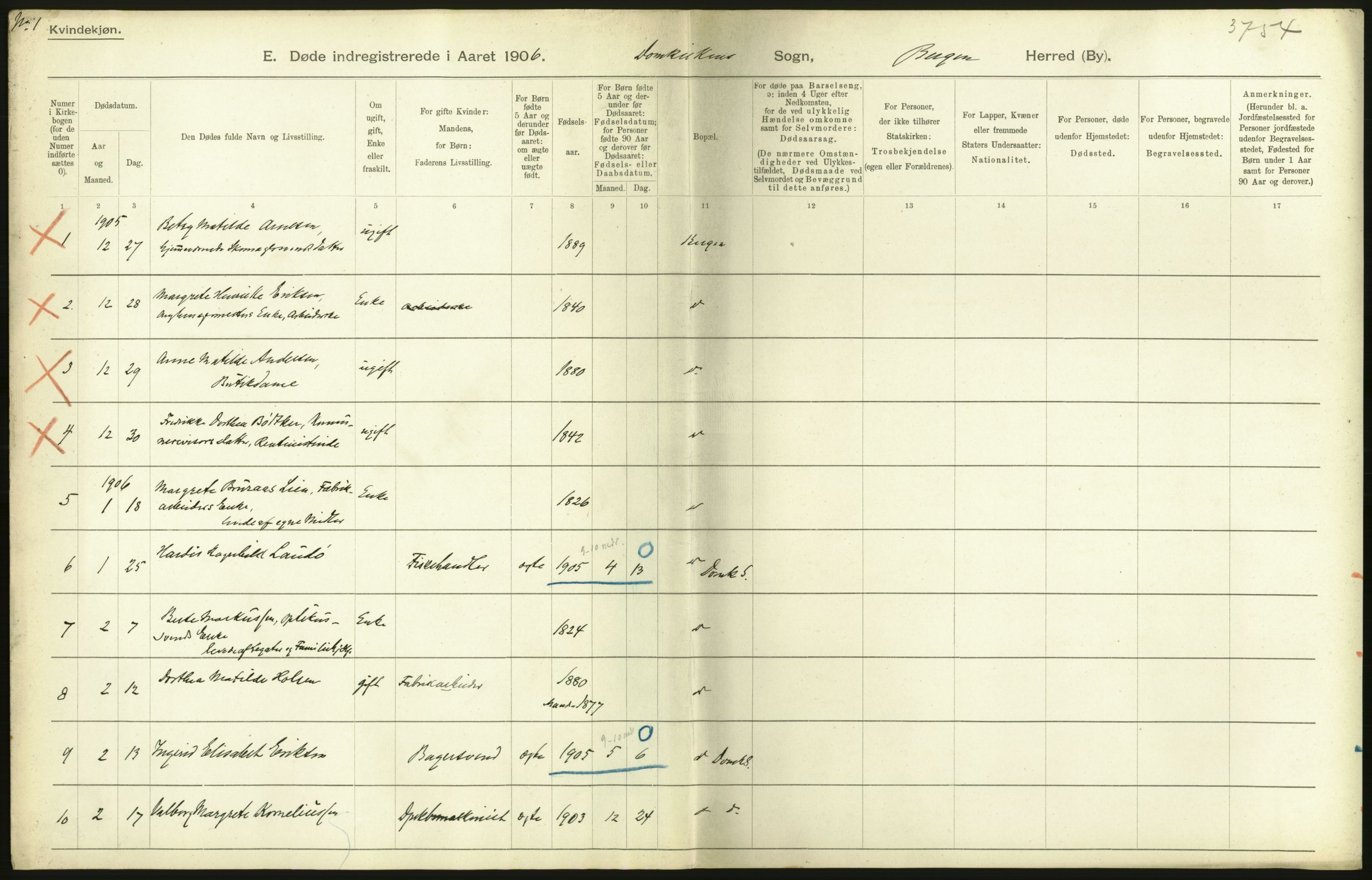 Statistisk sentralbyrå, Sosiodemografiske emner, Befolkning, AV/RA-S-2228/D/Df/Dfa/Dfad/L0032: Bergen: Gifte, døde, dødfødte., 1906, p. 132