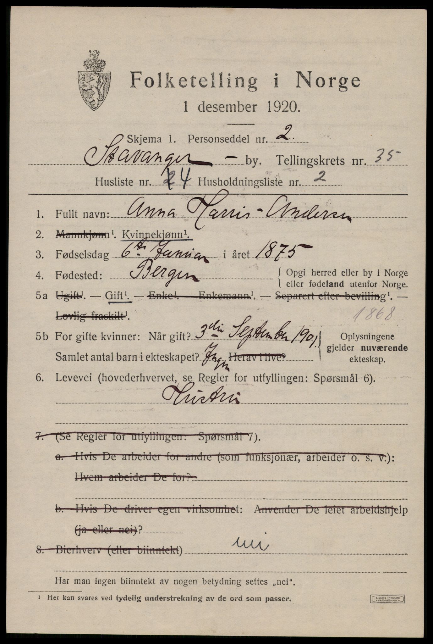 SAST, 1920 census for Stavanger, 1920, p. 93998