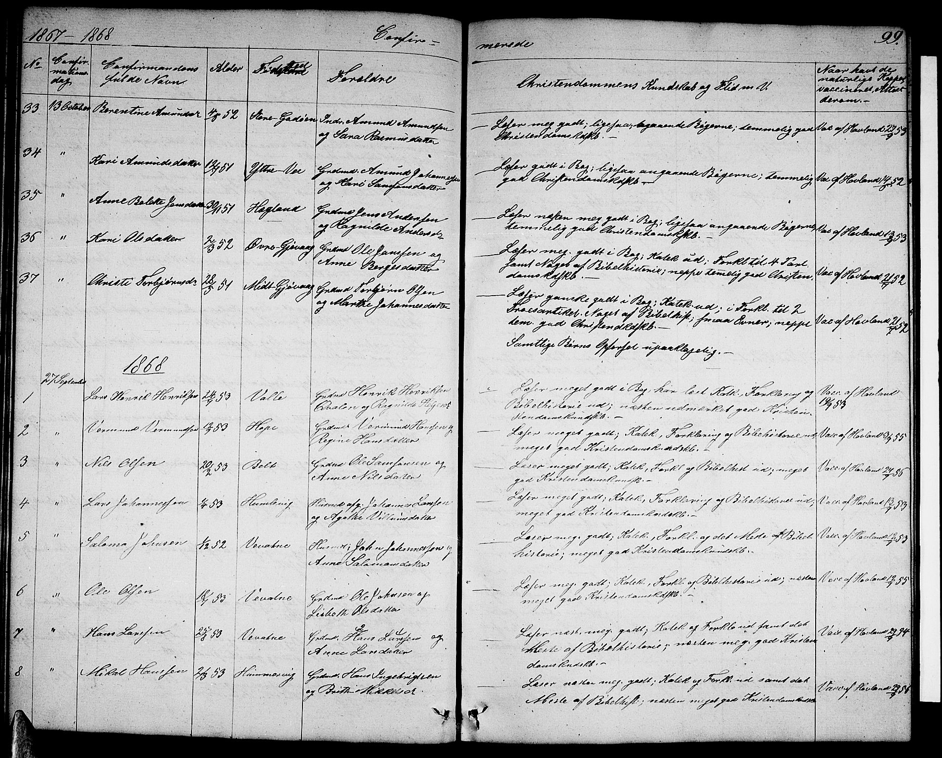 Tysnes sokneprestembete, SAB/A-78601/H/Hab: Parish register (copy) no. B 1, 1855-1877, p. 99