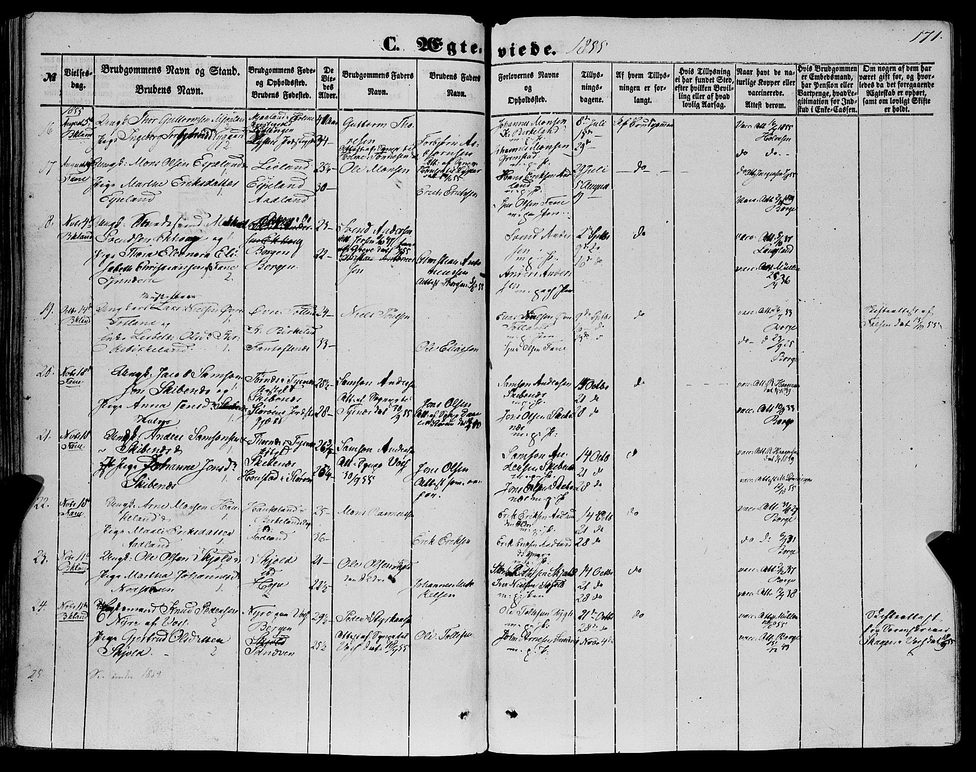 Fana Sokneprestembete, SAB/A-75101/H/Haa/Haaa/L0011: Parish register (official) no. A 11, 1851-1862, p. 171