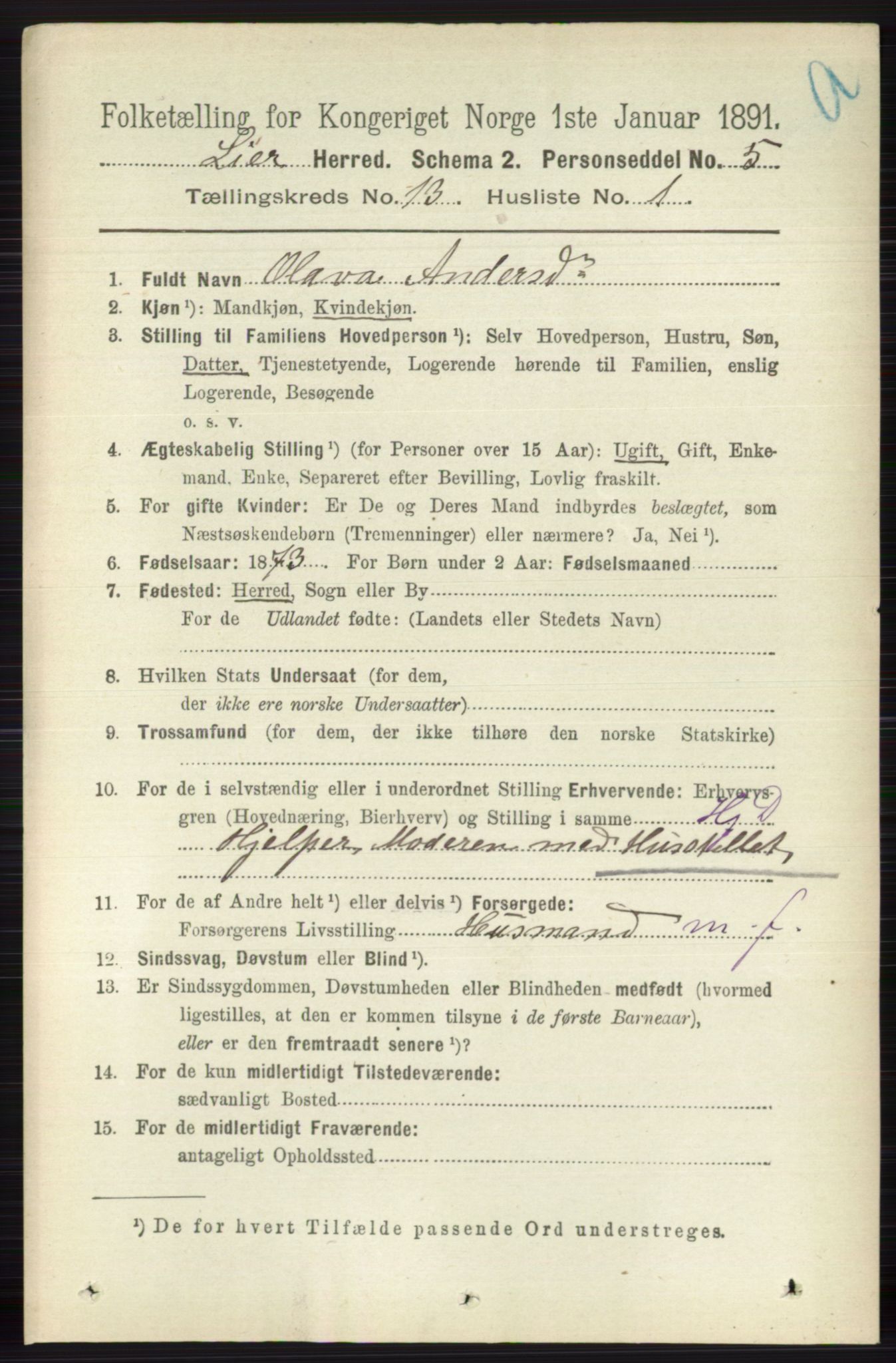 RA, 1891 census for 0626 Lier, 1891, p. 7899