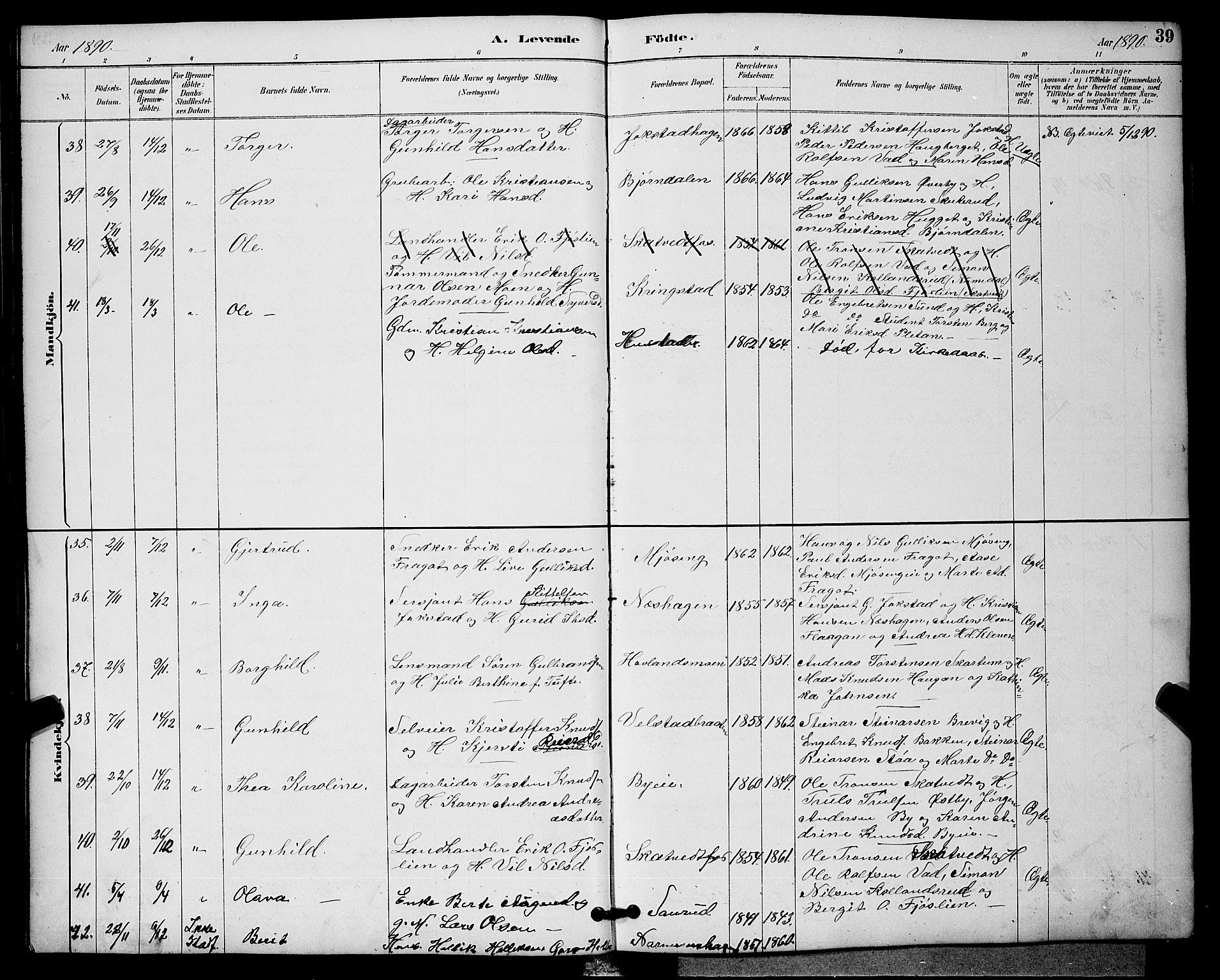 Sigdal kirkebøker, SAKO/A-245/G/Ga/L0005: Parish register (copy) no. I 5, 1886-1900, p. 39