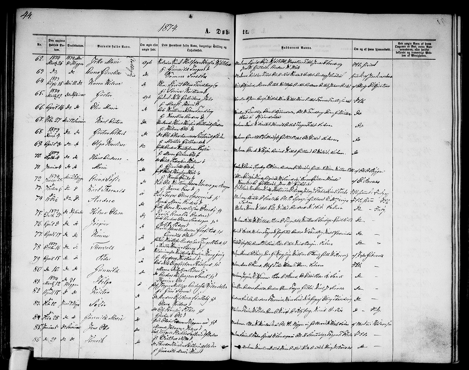 Modum kirkebøker, AV/SAKO-A-234/G/Ga/L0007: Parish register (copy) no. I 7, 1869-1878, p. 44