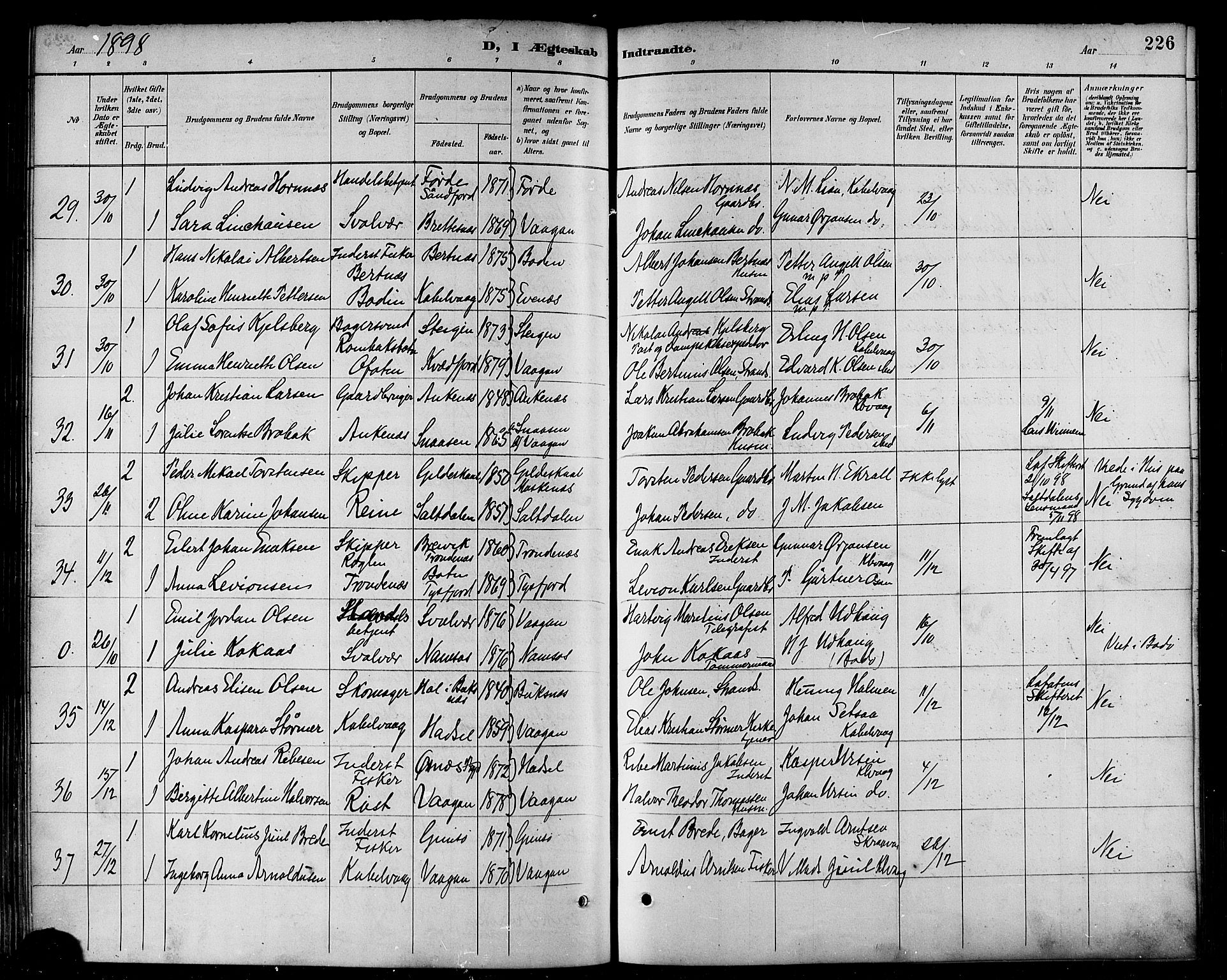 Ministerialprotokoller, klokkerbøker og fødselsregistre - Nordland, AV/SAT-A-1459/874/L1060: Parish register (official) no. 874A04, 1890-1899, p. 226