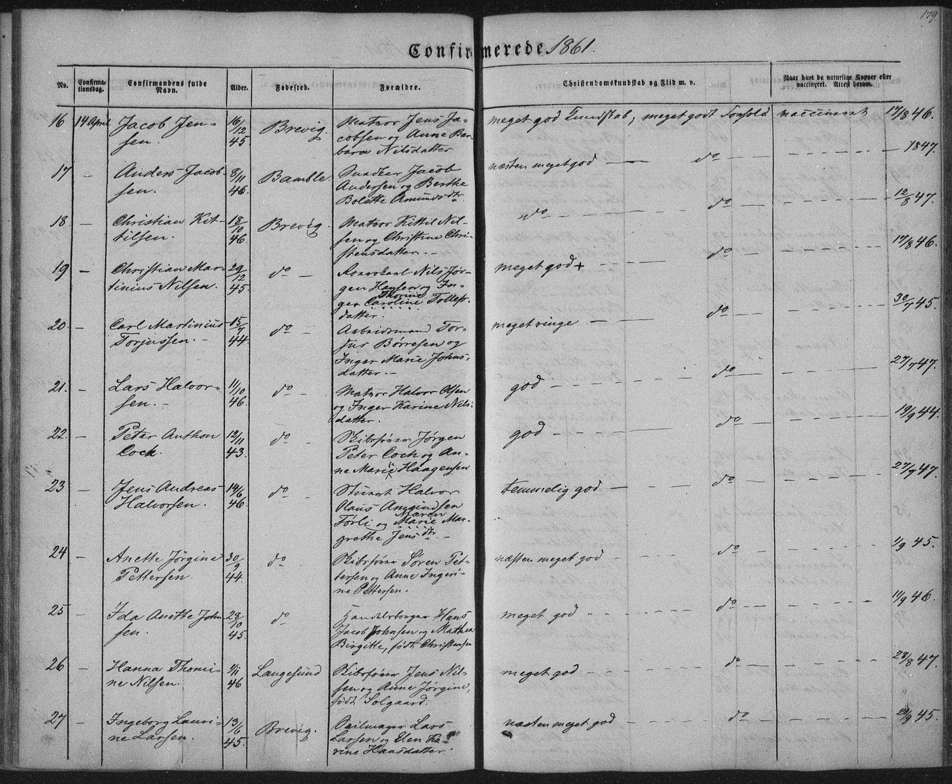 Brevik kirkebøker, SAKO/A-255/F/Fa/L0005: Parish register (official) no. 5, 1847-1865, p. 179