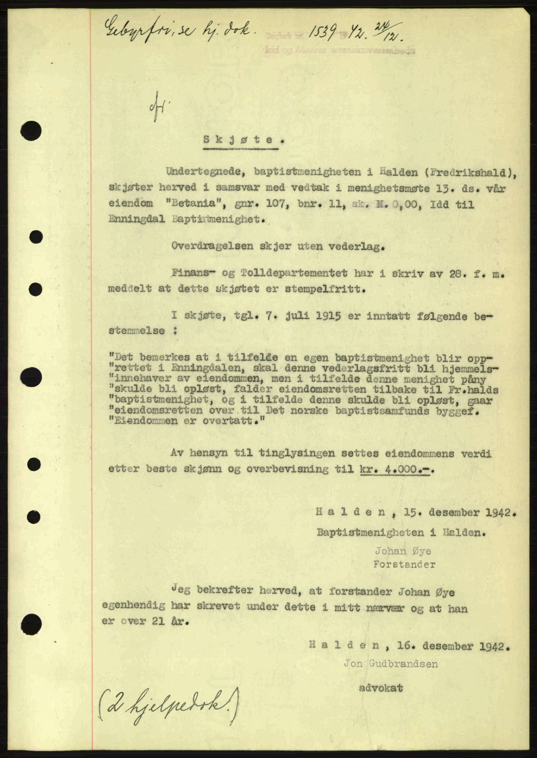 Idd og Marker sorenskriveri, AV/SAO-A-10283/G/Gb/Gbb/L0005: Mortgage book no. A5, 1941-1943, Diary no: : 1539/1942