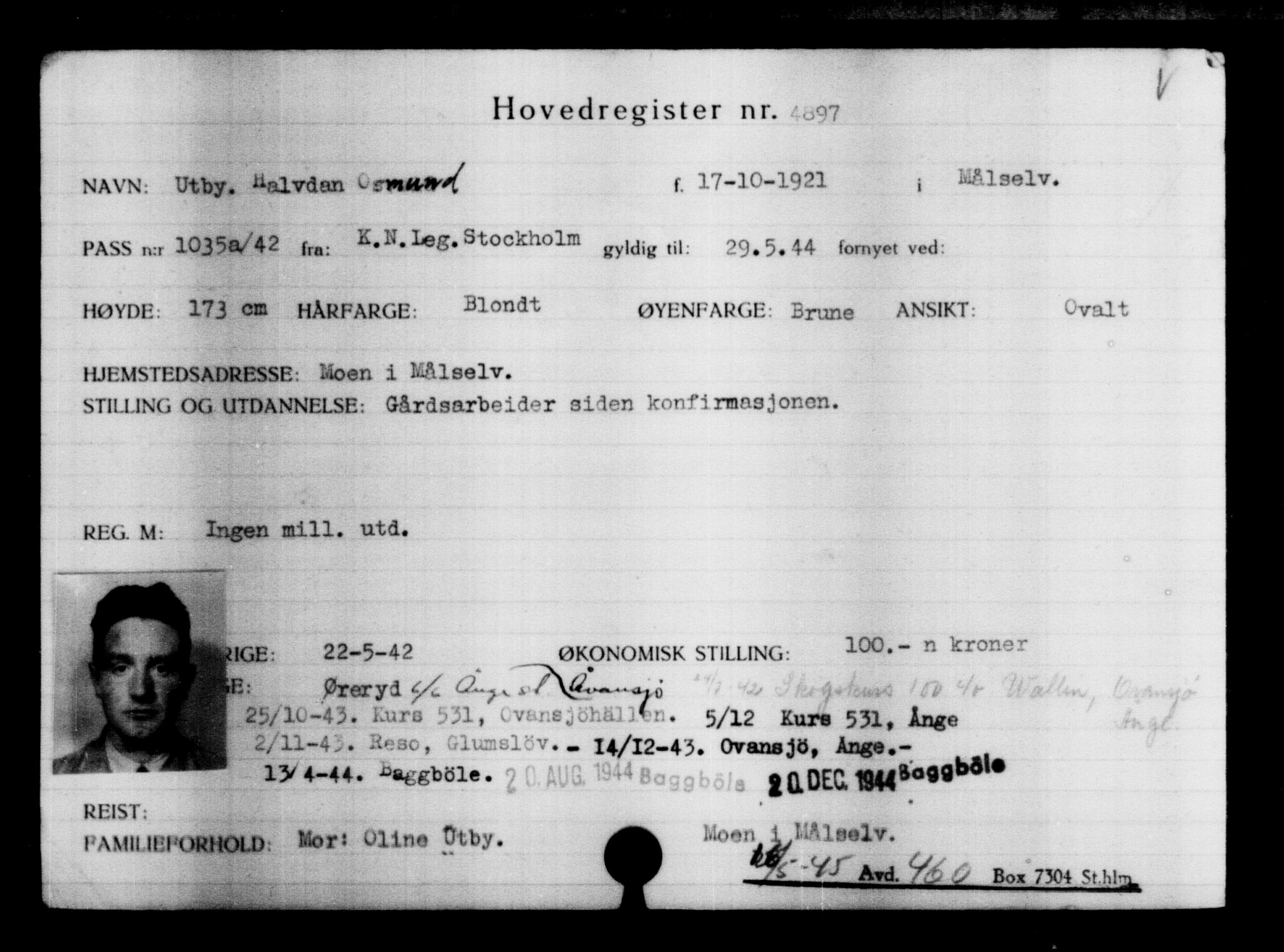 Utenriksstasjonene, Legasjonen i Stockholm, Flyktningkontoret, AV/RA-S-6753/V/Va/L0004: Kjesäterkartoteket, flyktninger med registreringsnr. 3496-6610, 1940-1945, p. 1659