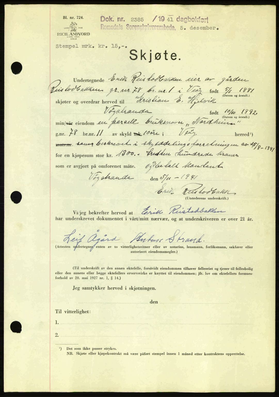 Romsdal sorenskriveri, AV/SAT-A-4149/1/2/2C: Mortgage book no. A11, 1941-1942, Diary no: : 2385/1941