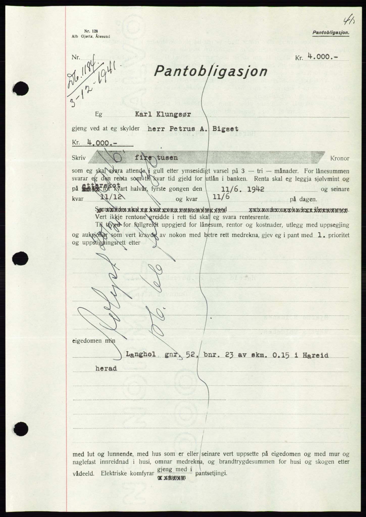 Søre Sunnmøre sorenskriveri, AV/SAT-A-4122/1/2/2C/L0073: Mortgage book no. 67, 1941-1942, Diary no: : 1184/1941