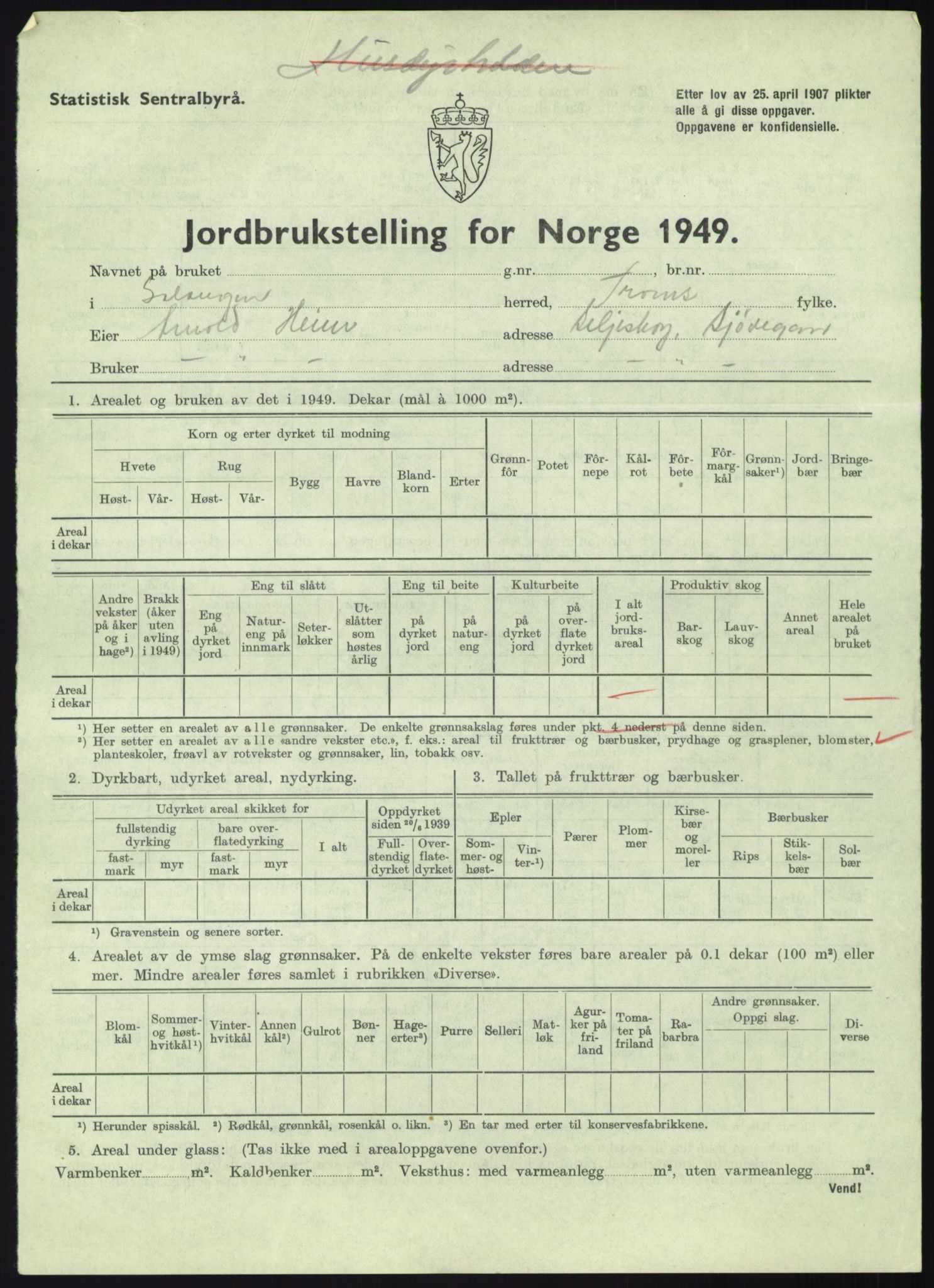 Statistisk sentralbyrå, Næringsøkonomiske emner, Jordbruk, skogbruk, jakt, fiske og fangst, AV/RA-S-2234/G/Gc/L0438: Troms: Salangen og Bardu, 1949, p. 19