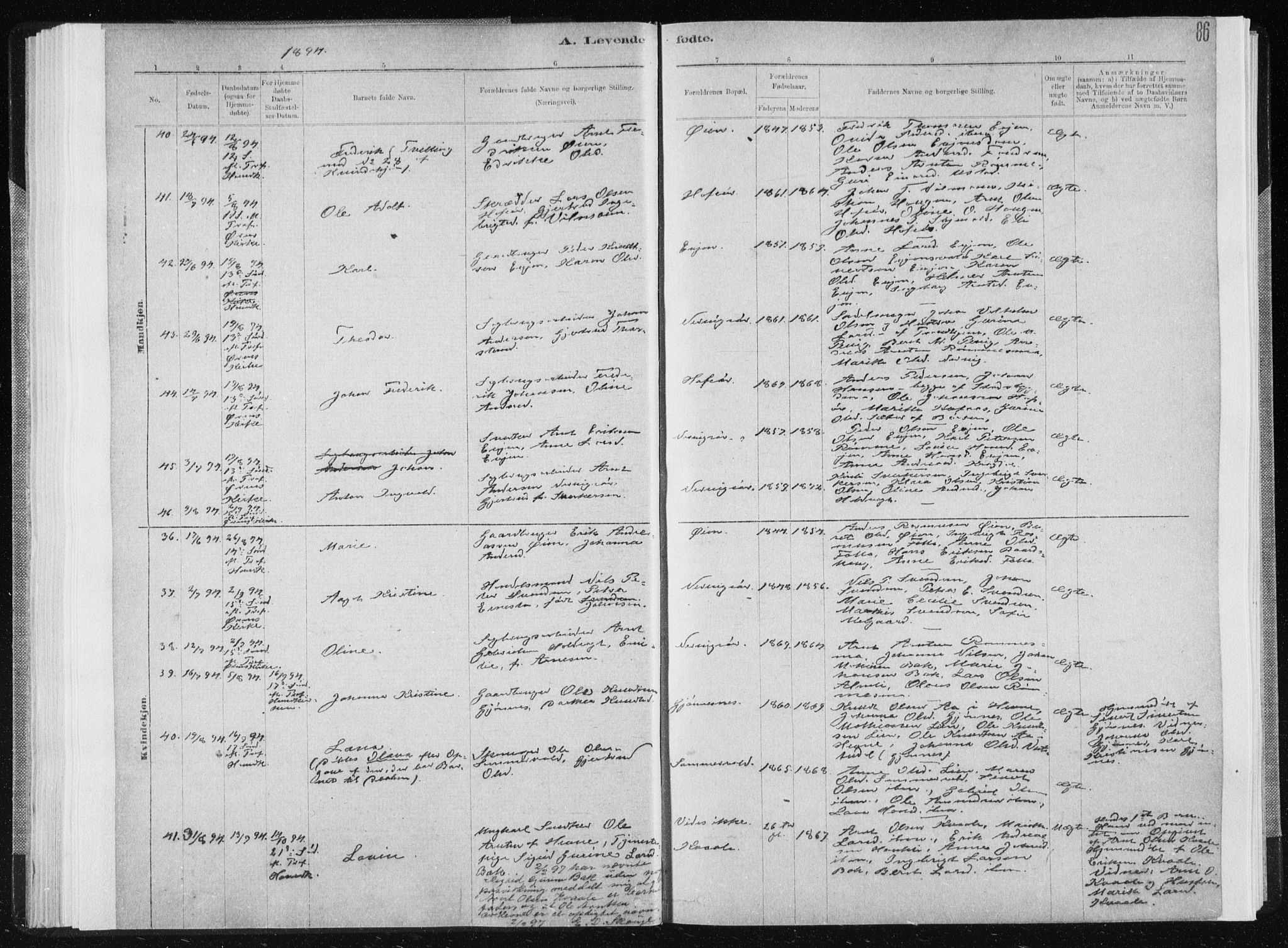 Ministerialprotokoller, klokkerbøker og fødselsregistre - Sør-Trøndelag, AV/SAT-A-1456/668/L0818: Parish register (copy) no. 668C07, 1885-1898, p. 86