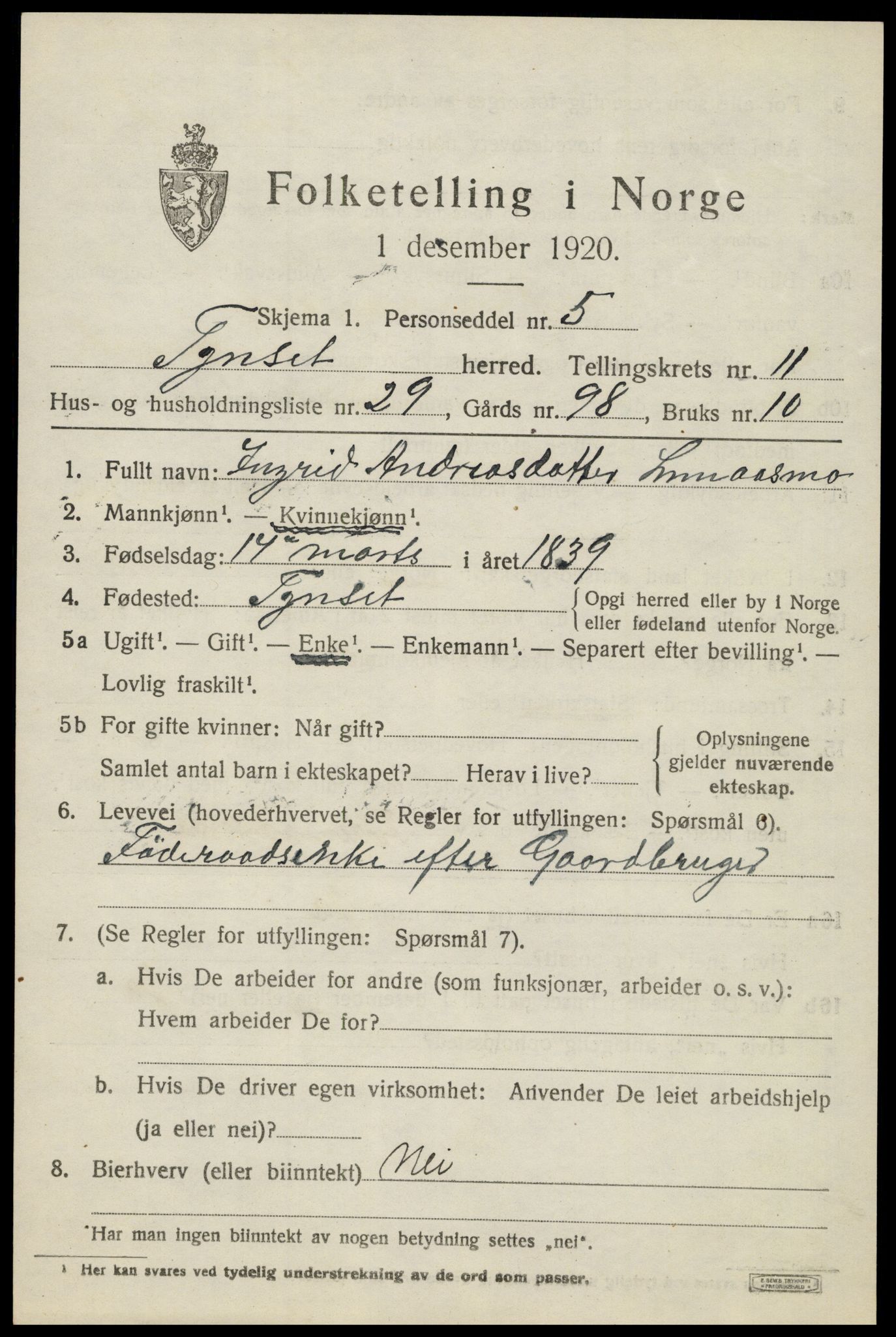 SAH, 1920 census for Tynset, 1920, p. 8296