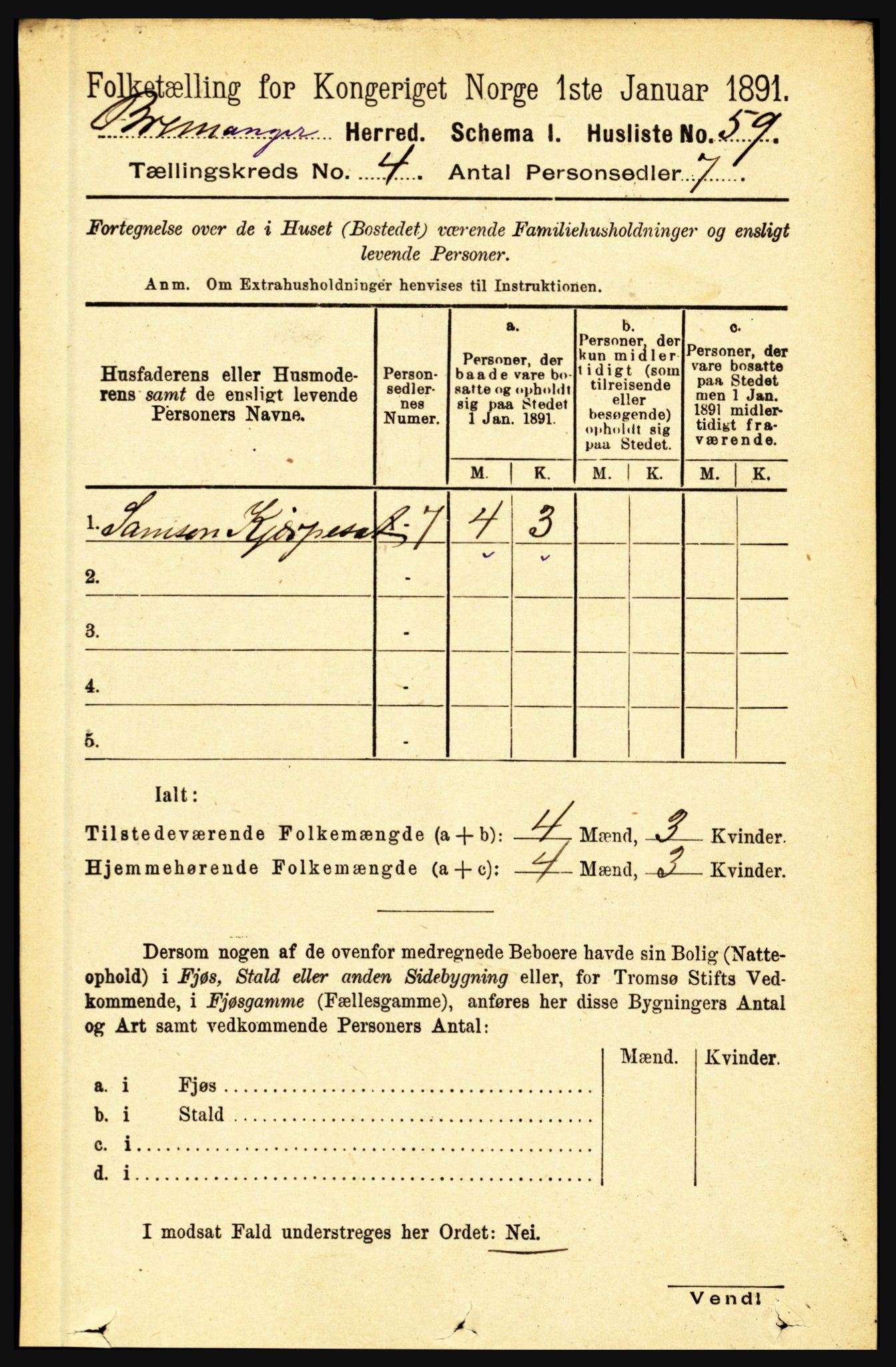 RA, 1891 census for 1438 Bremanger, 1891, p. 1505