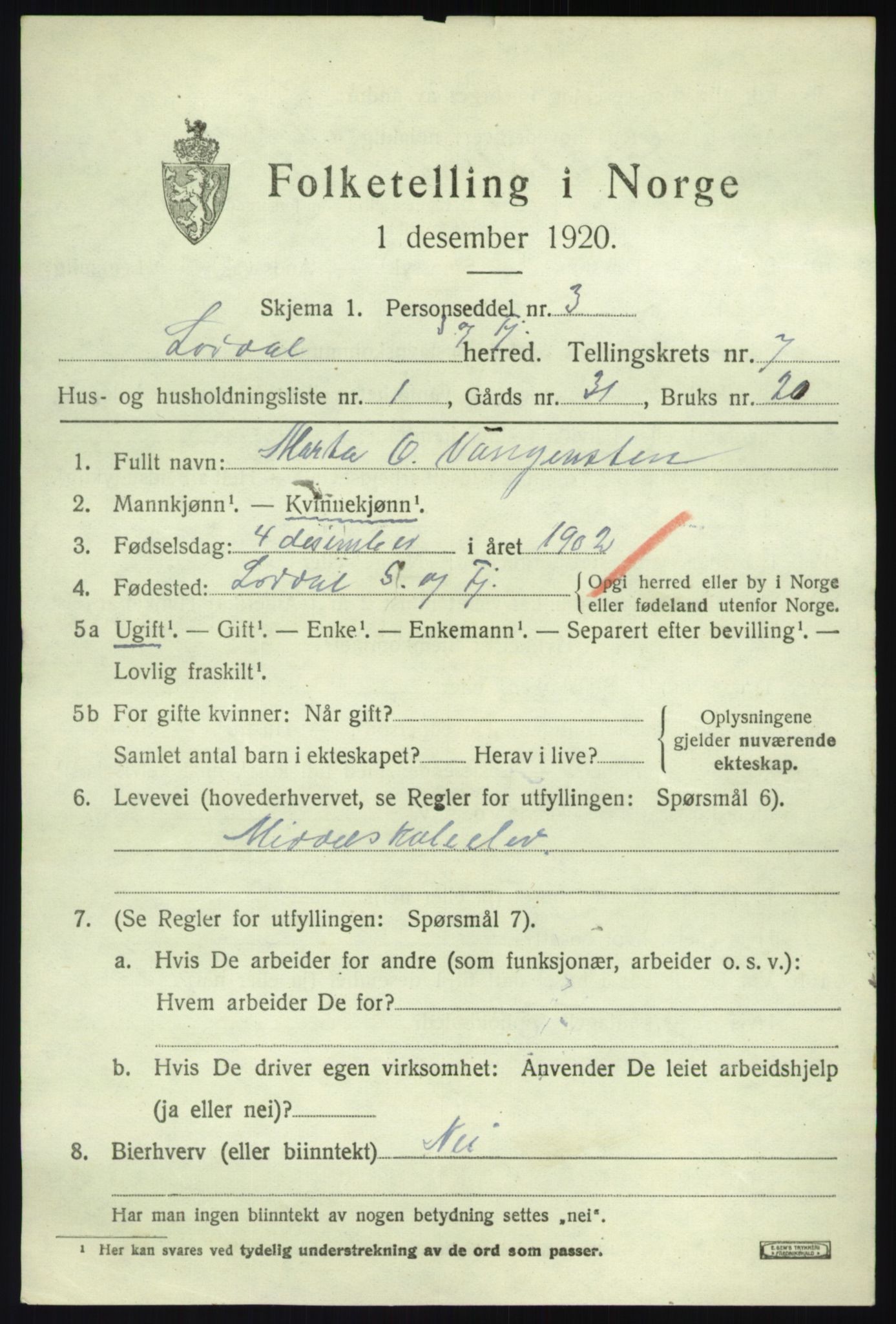 SAB, 1920 census for Lærdal, 1920, p. 3174