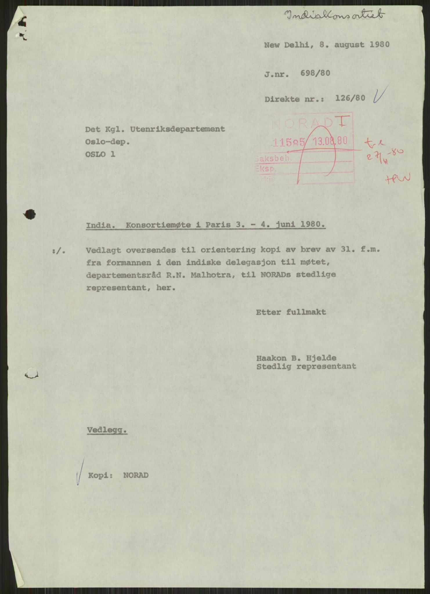 Direktoratet for utviklingshjelp (NORAD), AV/RA-S-6670/E/Ea/Eab/L0077: Asia: India. India-konsortiet, 1969-1980, p. 3