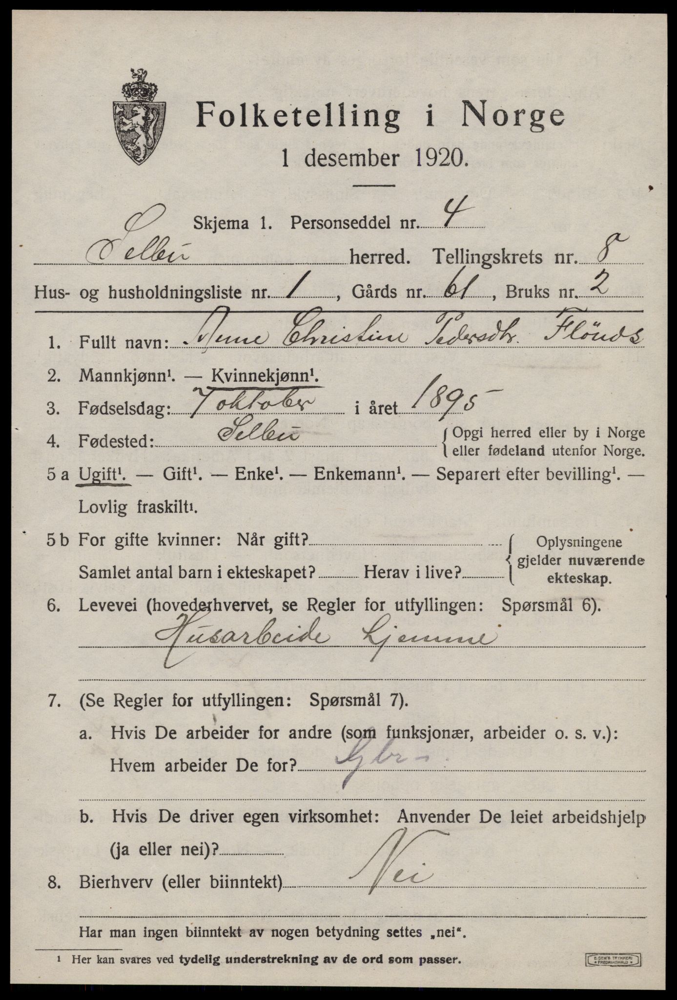 SAT, 1920 census for Selbu, 1920, p. 4434