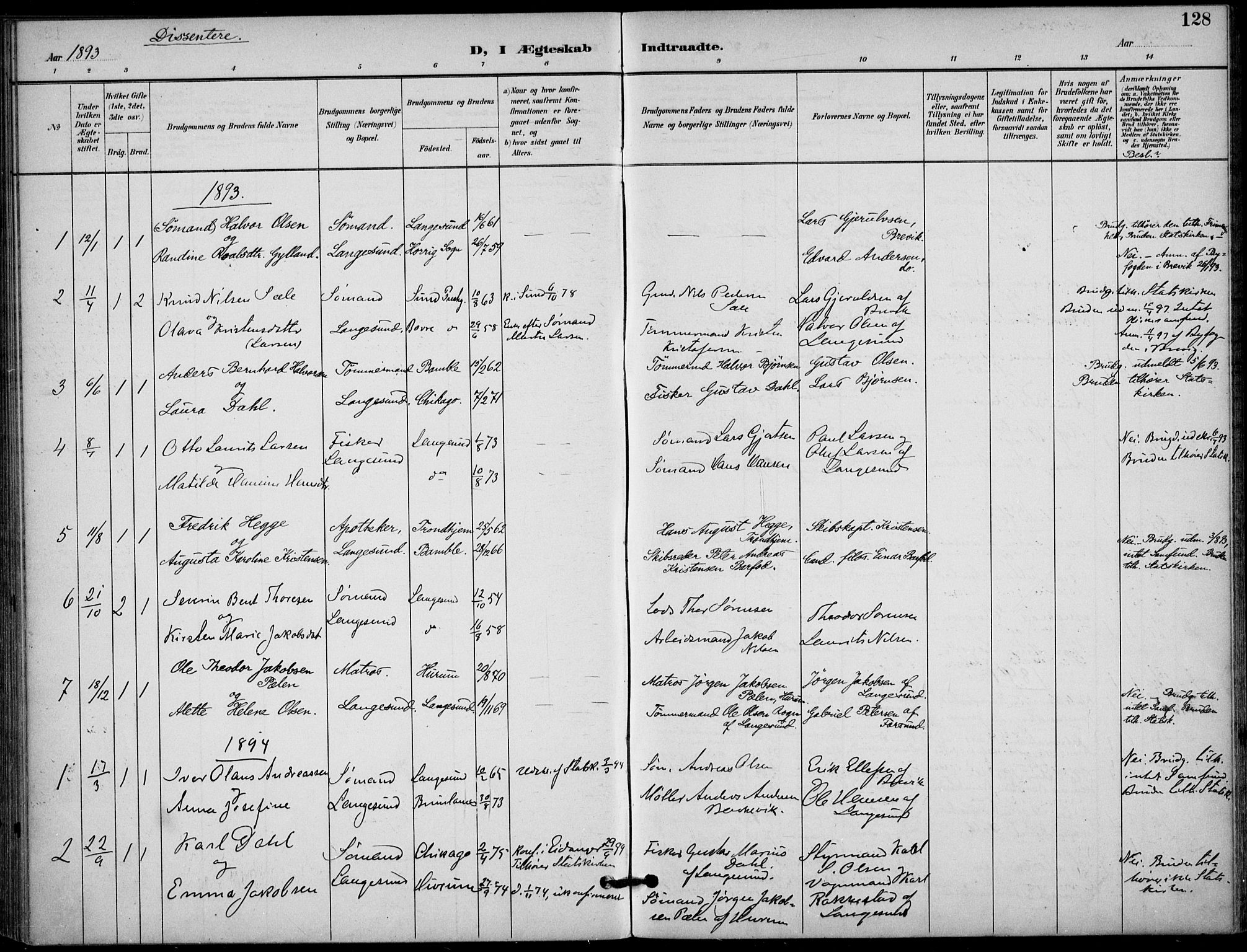 Langesund kirkebøker, SAKO/A-280/F/Fa/L0003: Parish register (official) no. 3, 1893-1907, p. 128