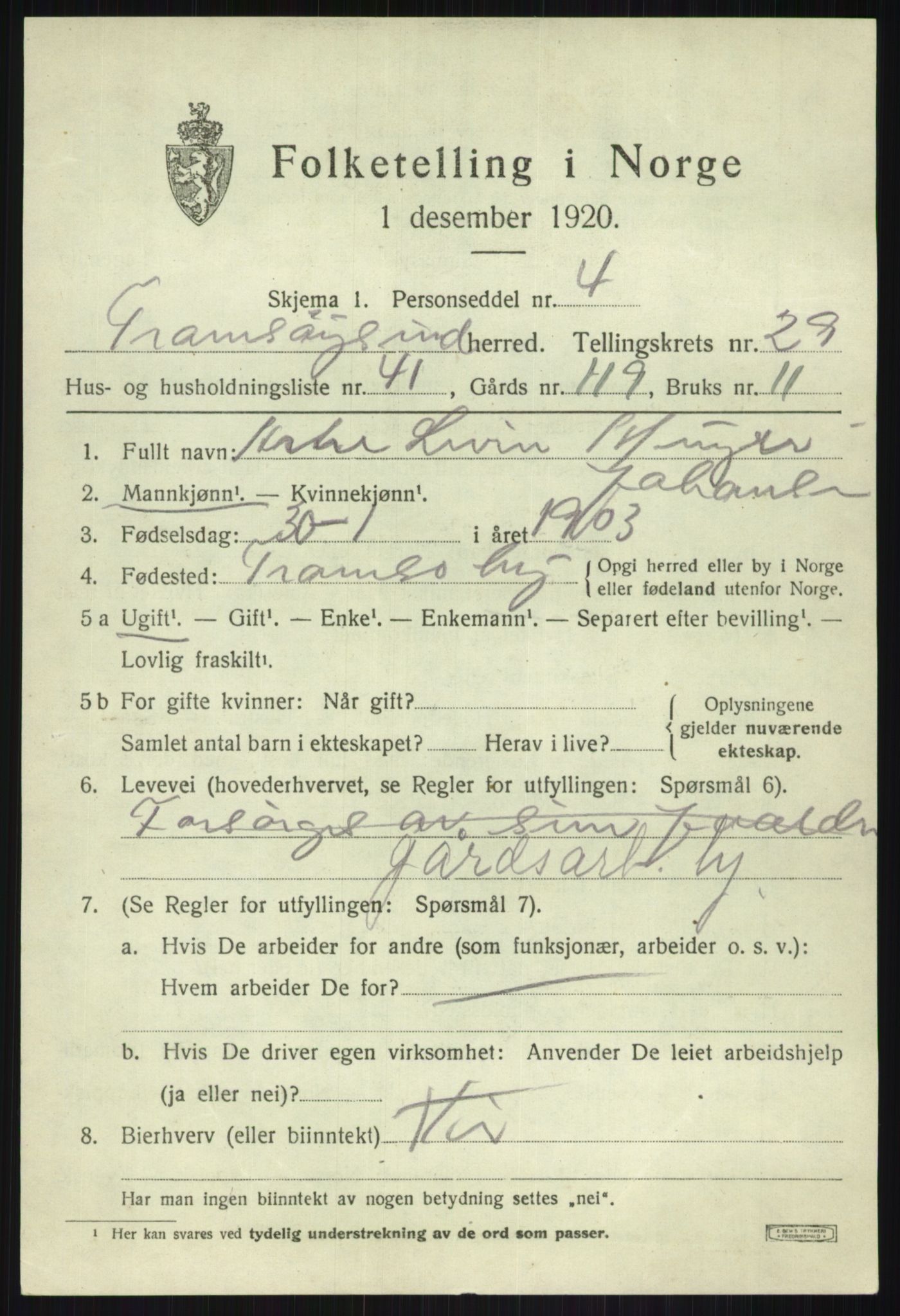 SATØ, 1920 census for Tromsøysund, 1920, p. 13848