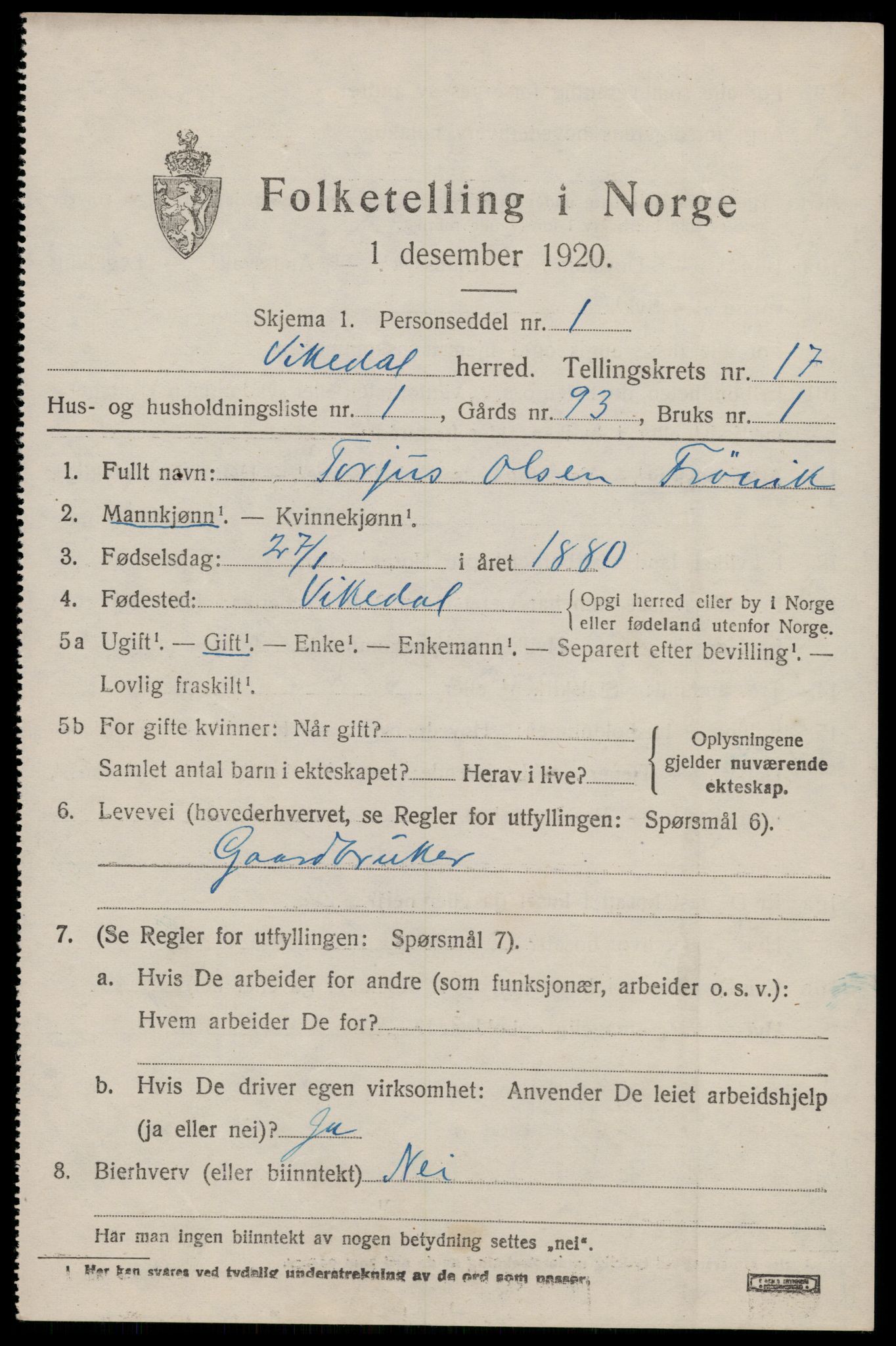 SAST, 1920 census for Vikedal, 1920, p. 5009