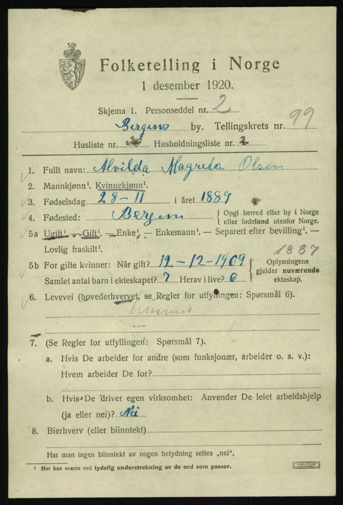 SAB, 1920 census for Bergen, 1920, p. 174756