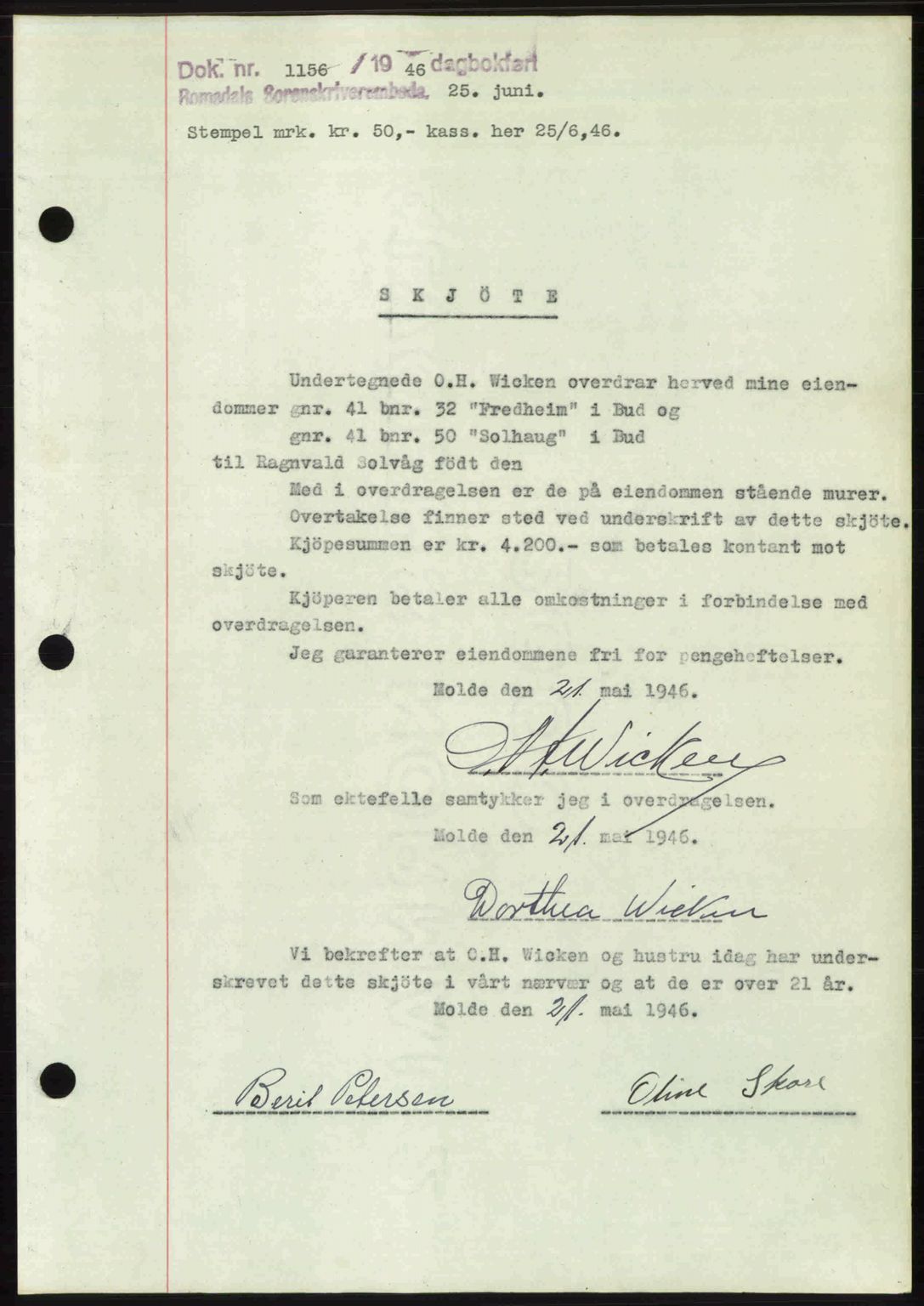 Romsdal sorenskriveri, AV/SAT-A-4149/1/2/2C: Mortgage book no. A20, 1946-1946, Diary no: : 1156/1946