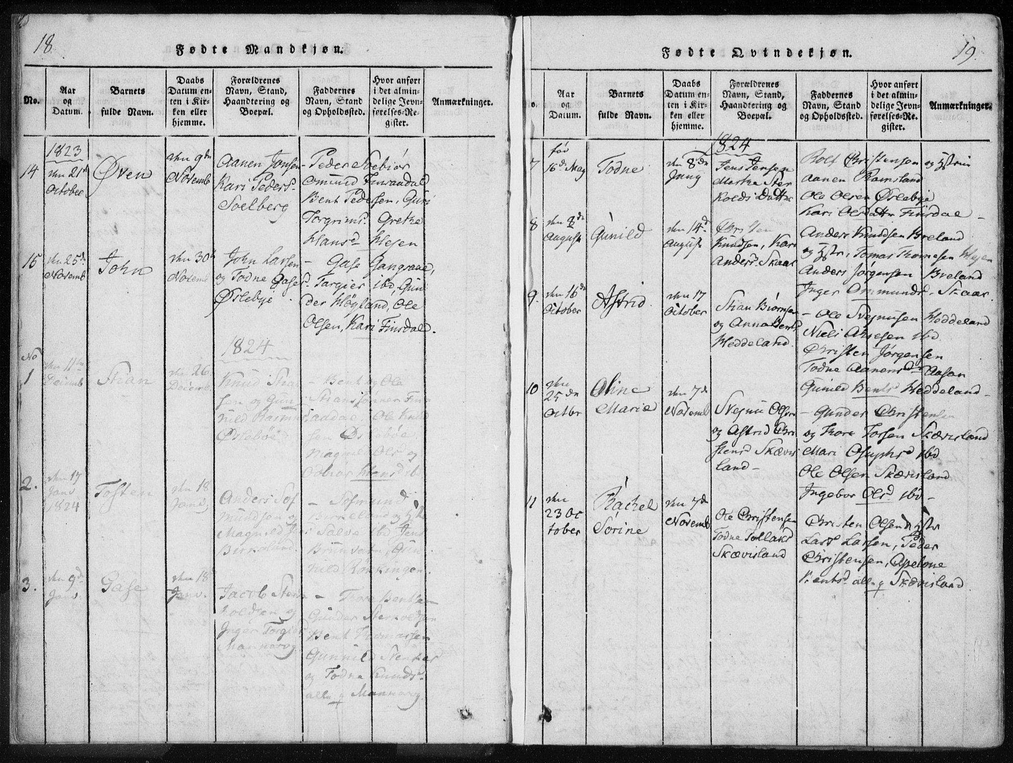 Holum sokneprestkontor, SAK/1111-0022/F/Fa/Fac/L0002: Parish register (official) no. A 2, 1821-1859, p. 18-19