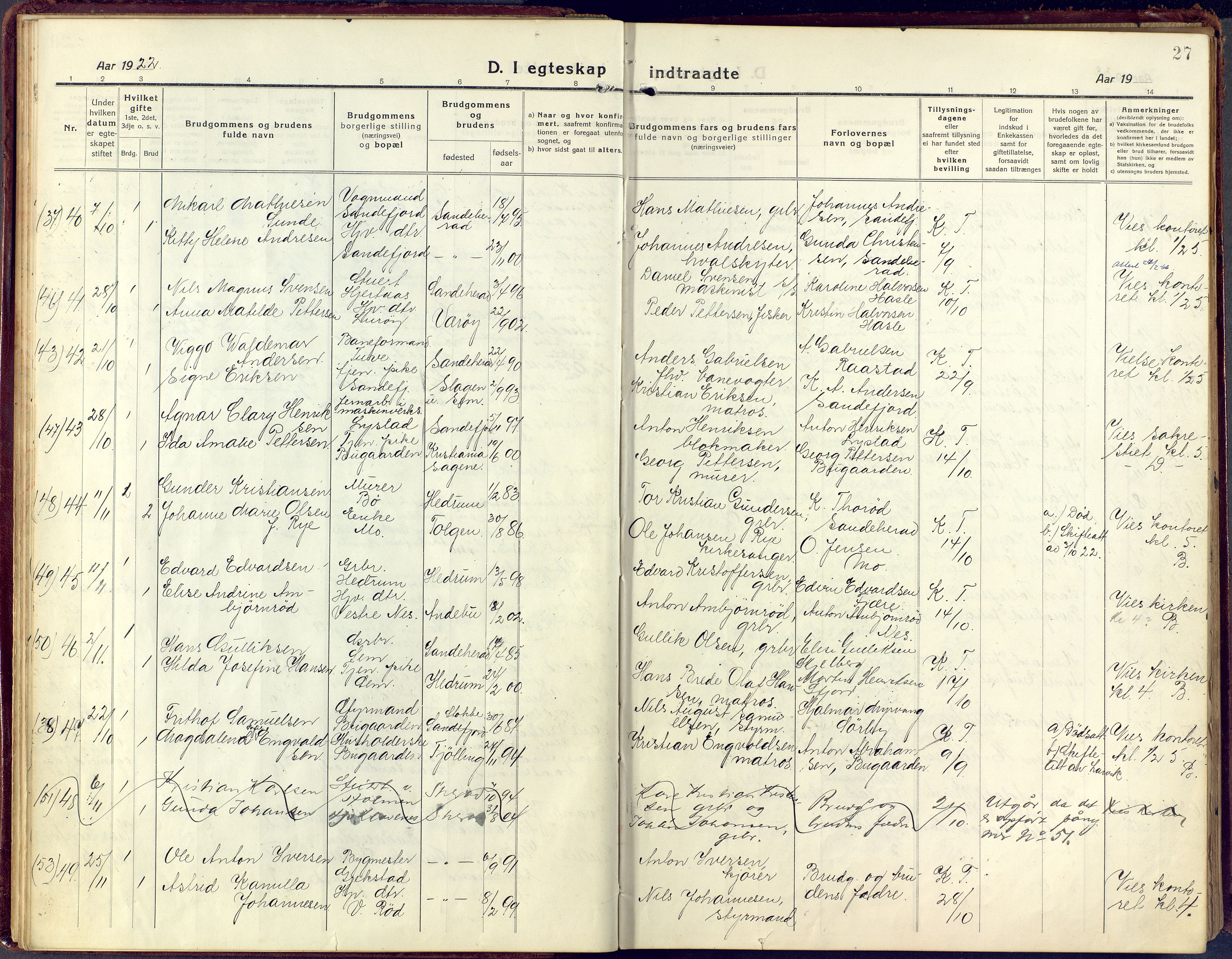 Sandar kirkebøker, SAKO/A-243/F/Fa/L0021: Parish register (official) no. 21, 1919-1925, p. 27