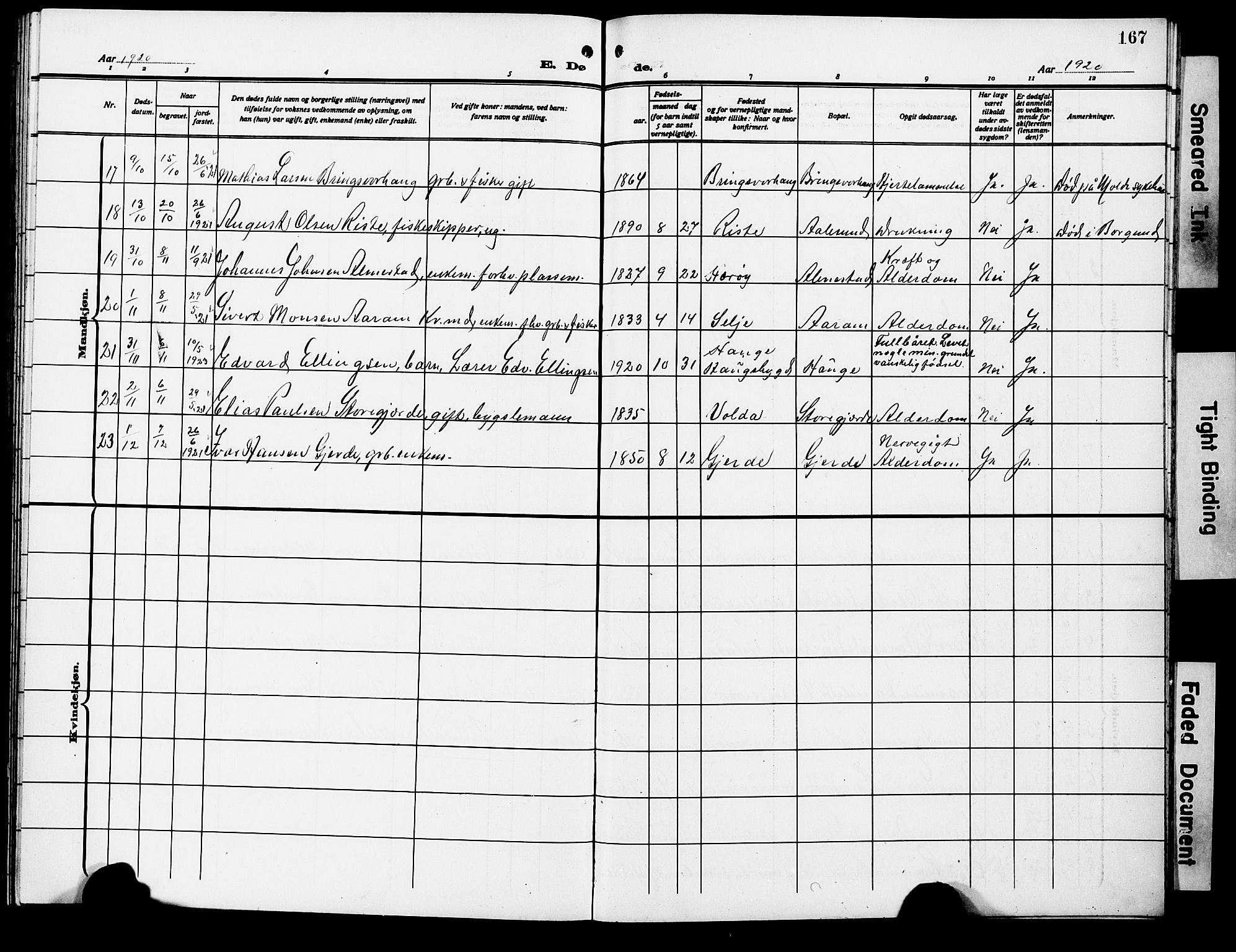 Ministerialprotokoller, klokkerbøker og fødselsregistre - Møre og Romsdal, AV/SAT-A-1454/503/L0050: Parish register (copy) no. 503C05, 1909-1922, p. 167