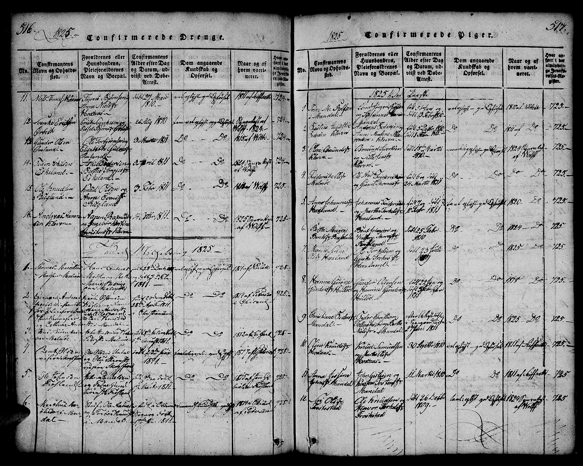 Mandal sokneprestkontor, SAK/1111-0030/F/Fa/Faa/L0010: Parish register (official) no. A 10, 1817-1830, p. 516-517