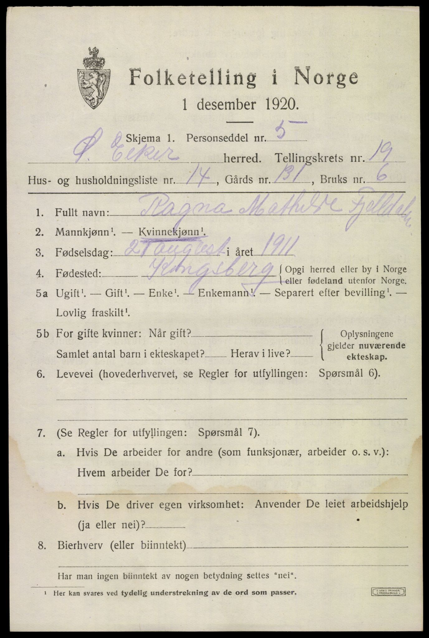 SAKO, 1920 census for Øvre Eiker, 1920, p. 22224