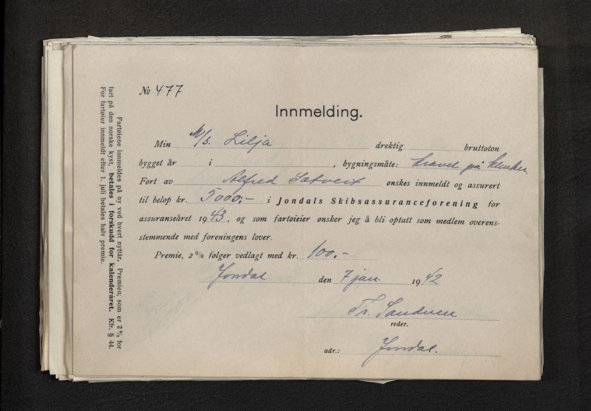 Jondal Skipsassuranseforening, AV/SAB-SAB/PA-0276/E/L0113: Korrespondanse , 1943