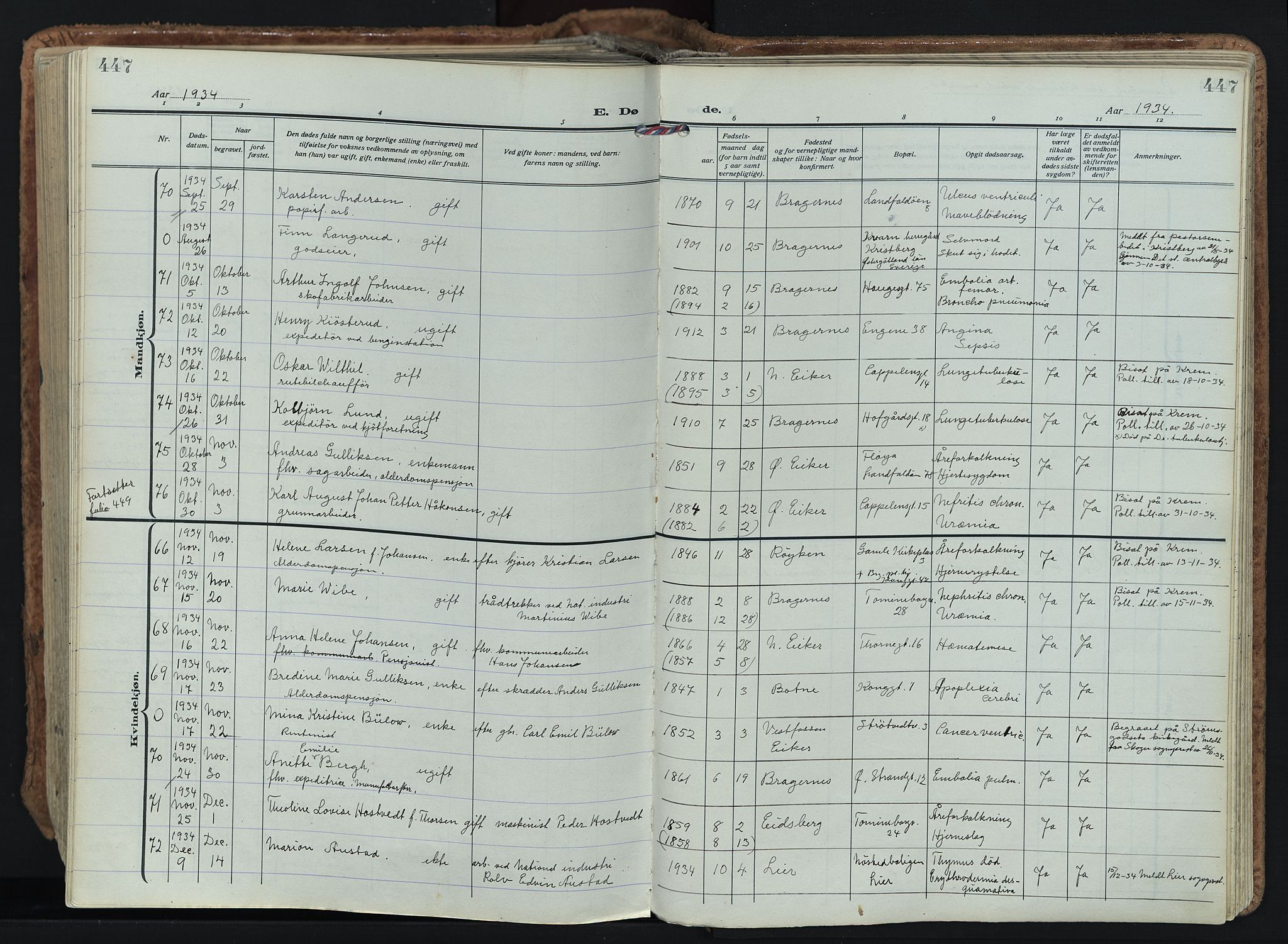 Bragernes kirkebøker, AV/SAKO-A-6/F/Fb/L0011: Parish register (official) no. II 11, 1922-1945, p. 447