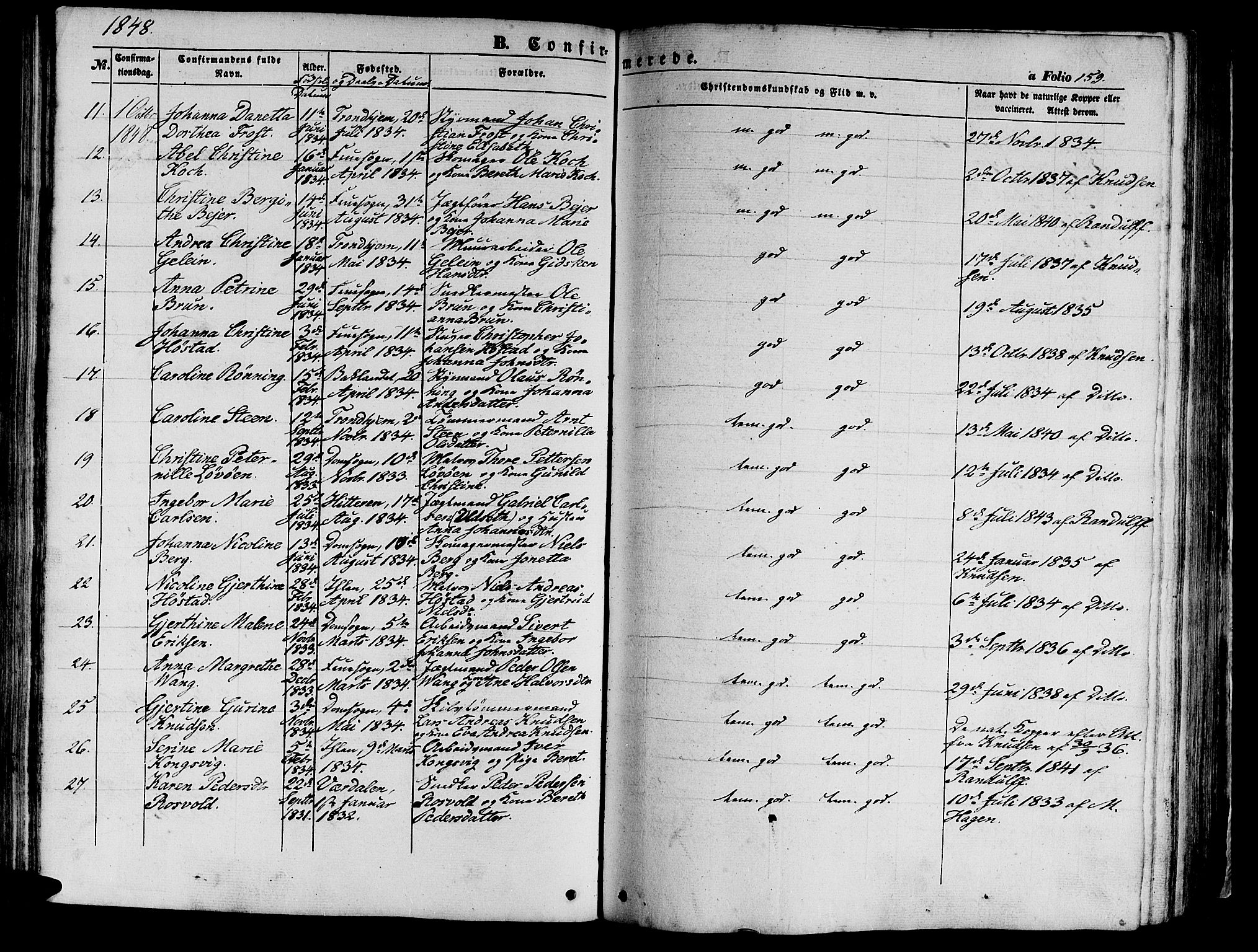 Ministerialprotokoller, klokkerbøker og fødselsregistre - Sør-Trøndelag, SAT/A-1456/602/L0137: Parish register (copy) no. 602C05, 1846-1856, p. 159