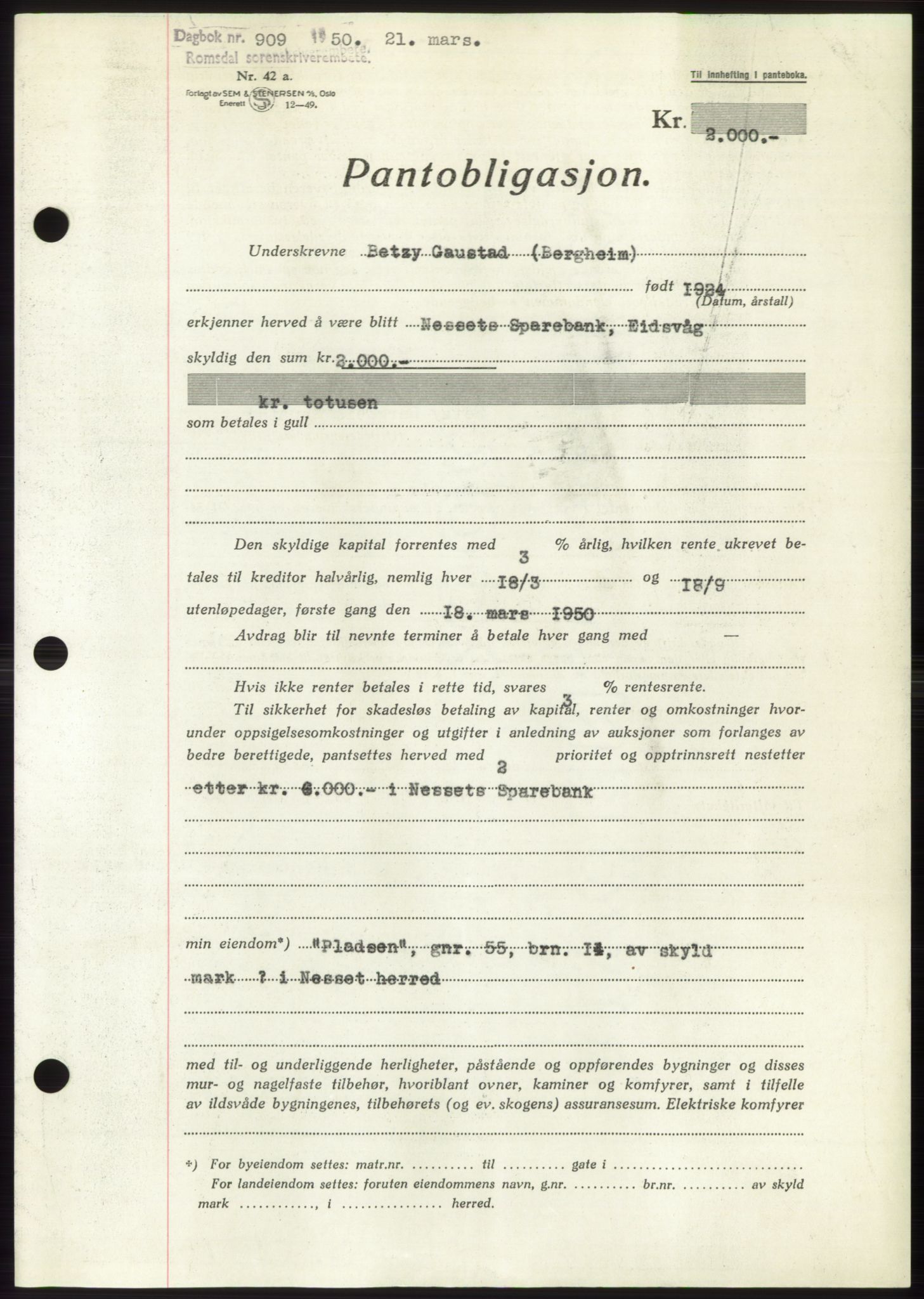 Romsdal sorenskriveri, AV/SAT-A-4149/1/2/2C: Mortgage book no. B5, 1949-1950, Diary no: : 909/1950