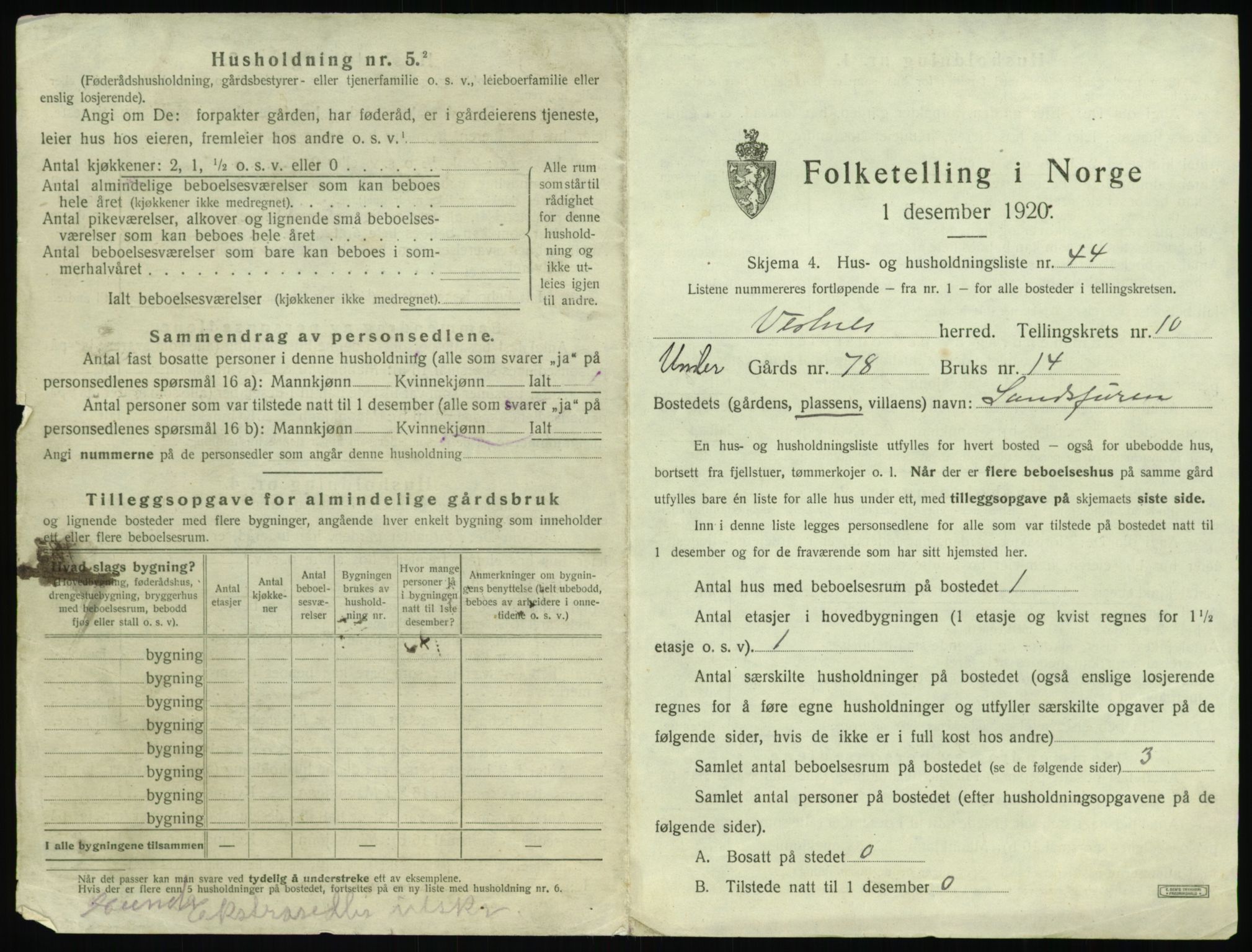 SAT, 1920 census for Vestnes, 1920, p. 1133