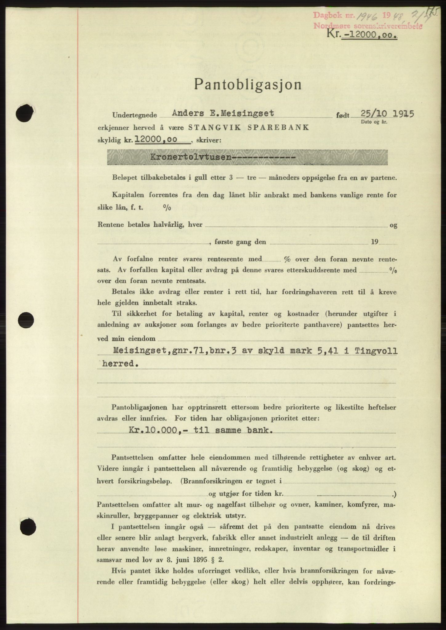 Nordmøre sorenskriveri, AV/SAT-A-4132/1/2/2Ca: Mortgage book no. B99, 1948-1948, Diary no: : 1946/1948