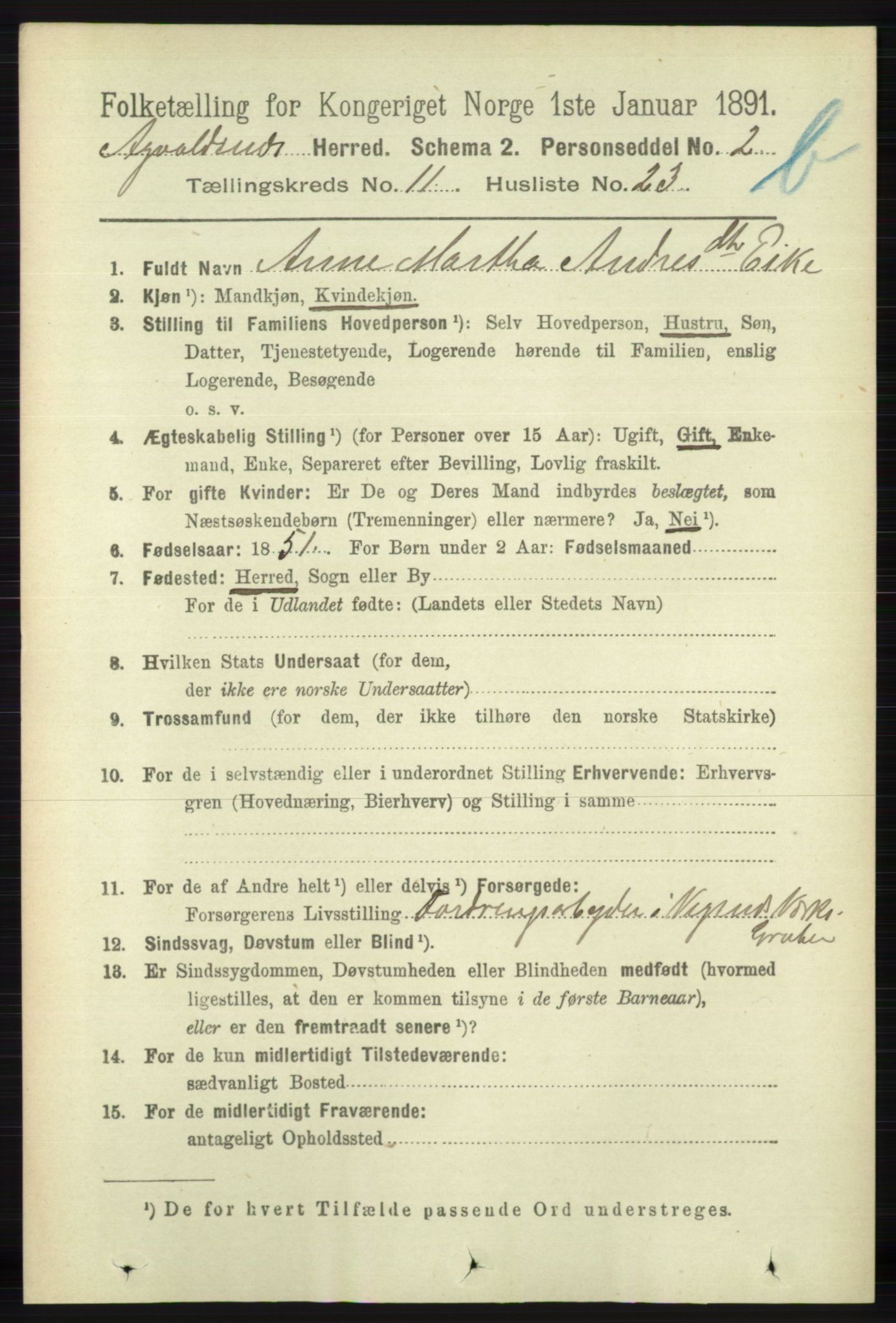 RA, 1891 census for 1147 Avaldsnes, 1891, p. 6546